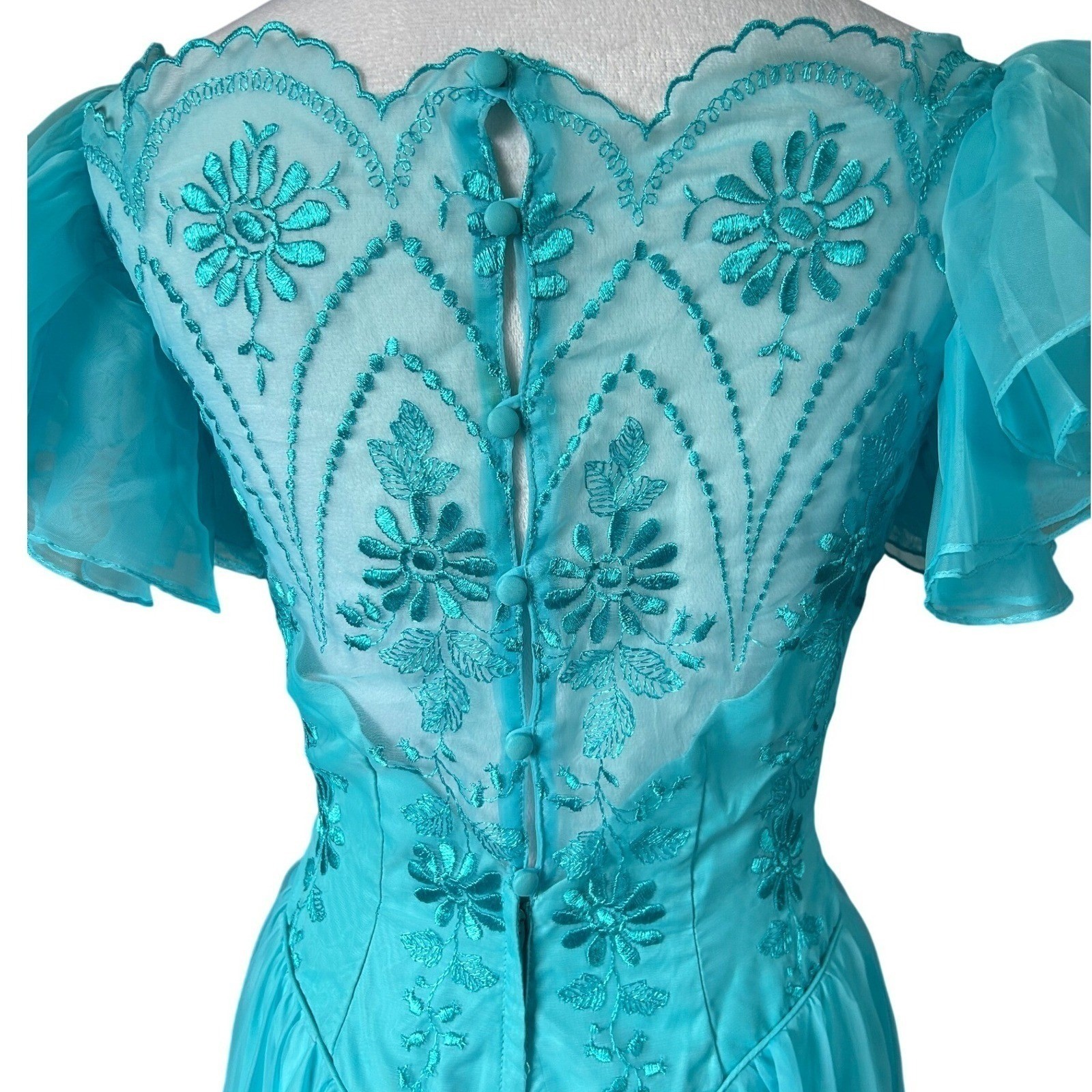 VTG Eve of Milady Formal Gown Bridesmaid Turquoise Embroidered Chiffon ILGWU 10