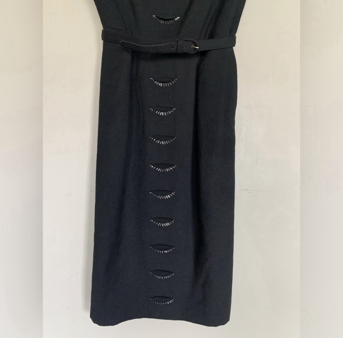 Vintage Carlye Mid-Century Black Belted Wool Beaded Bateau Neckline Midi Dress