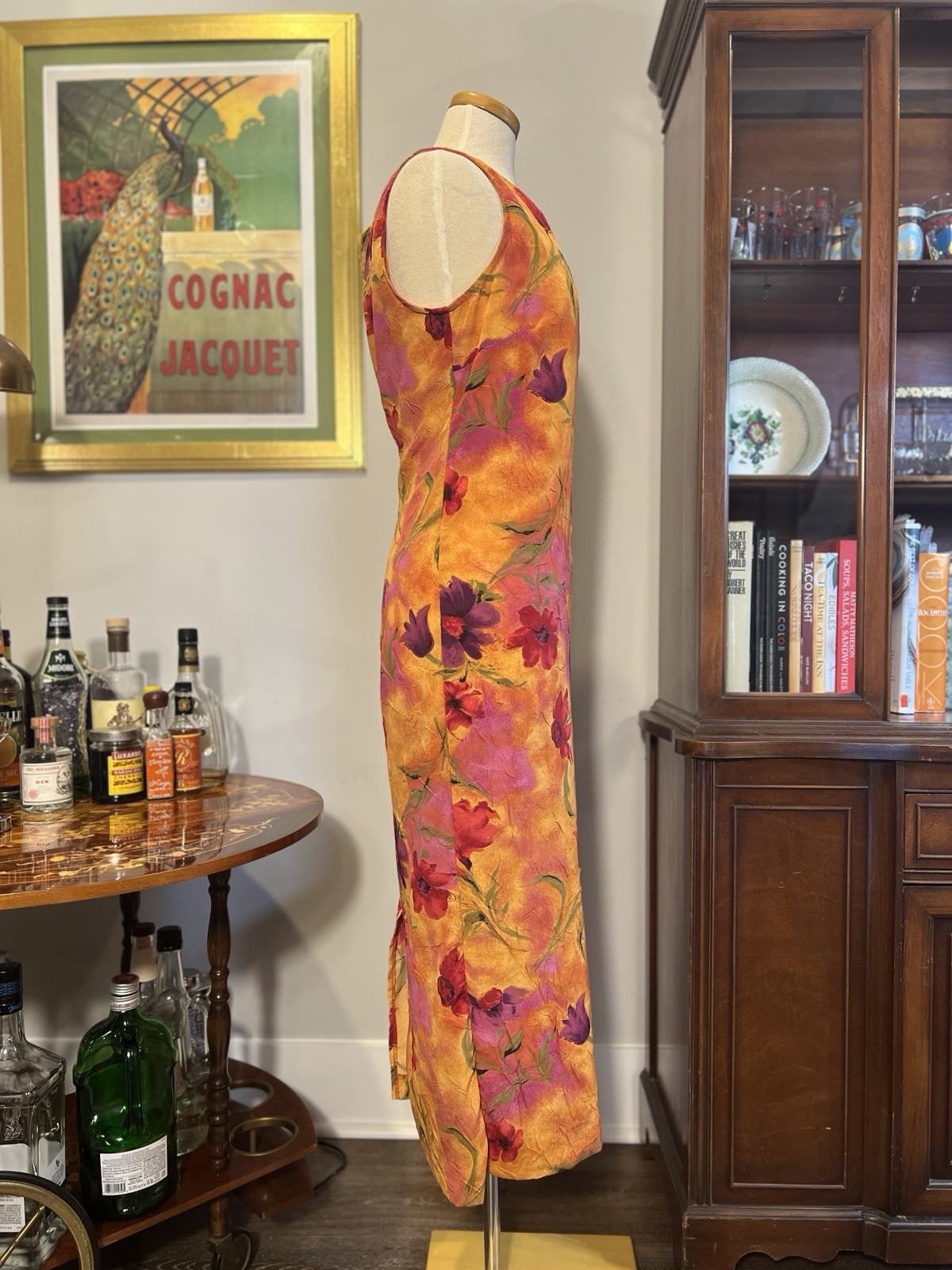 Vintage 1990s Bright Floral Crepe Sleeveless Maxi Dress