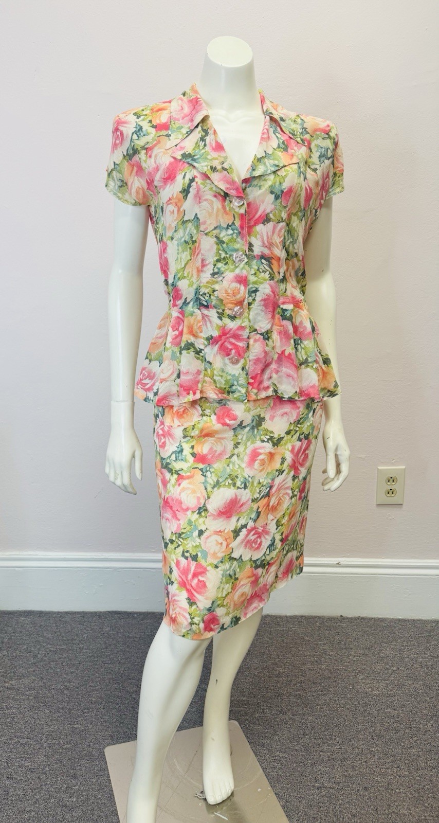 VTG Multicolor floral peplum Skirt & Top Set Nanny wedding designer alexander M