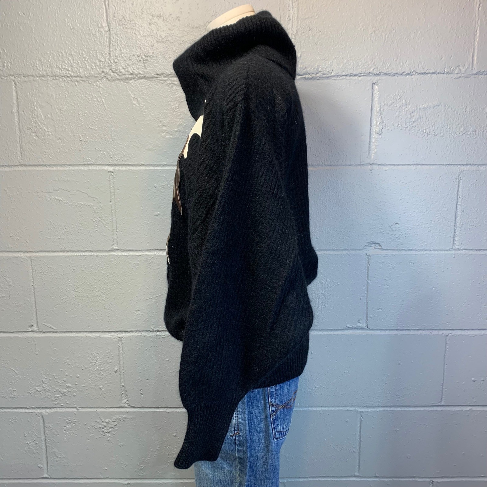 Vintage 80’s Lambswool Angora Batwing Black Sweater Leather Lion Appliqué Small