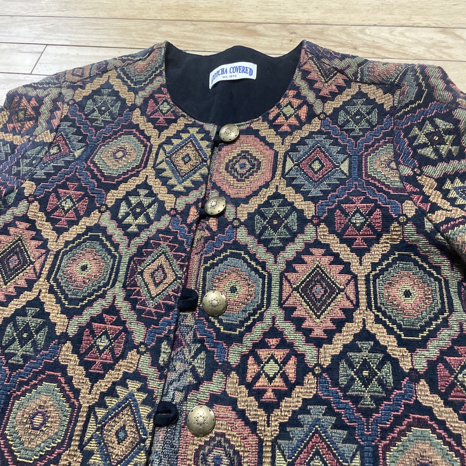 GOTCHA COVERED vtg 90s Geometric Tapestry Jacket L Earth Hippie Bronze Buttons