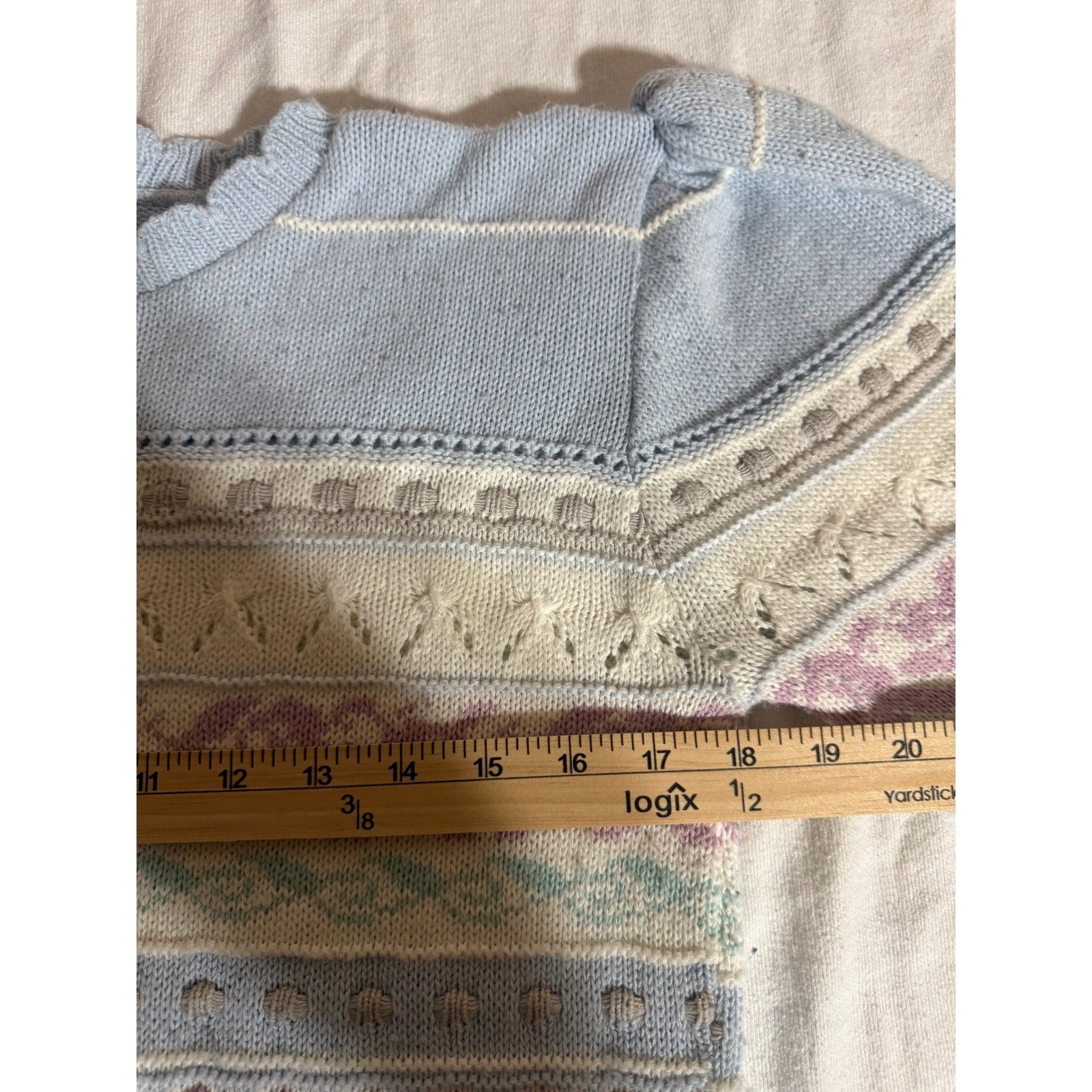 Vintage Beldoch Popper Pastel Floral Knit Sweater Blue Puffed Sleeve Made in USA