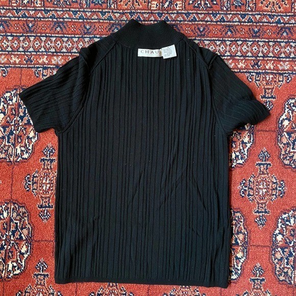 VTG CHAUS Size PS Black Cable Knit Mock Turtleneck Short Sleeve Pullover Top