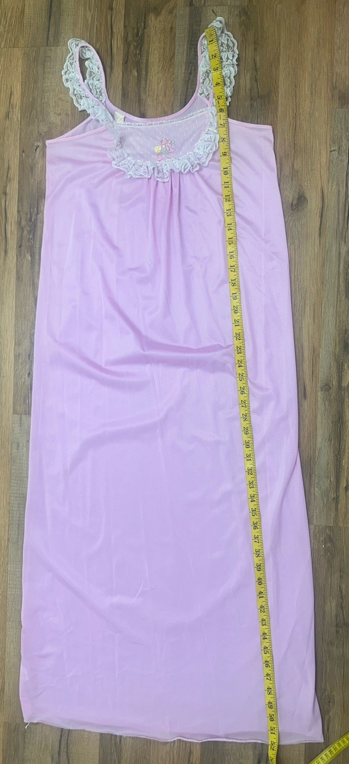 Vintage Spotlight Long Pink Lace Ruffle Nightgown Size Small Silky Nylon