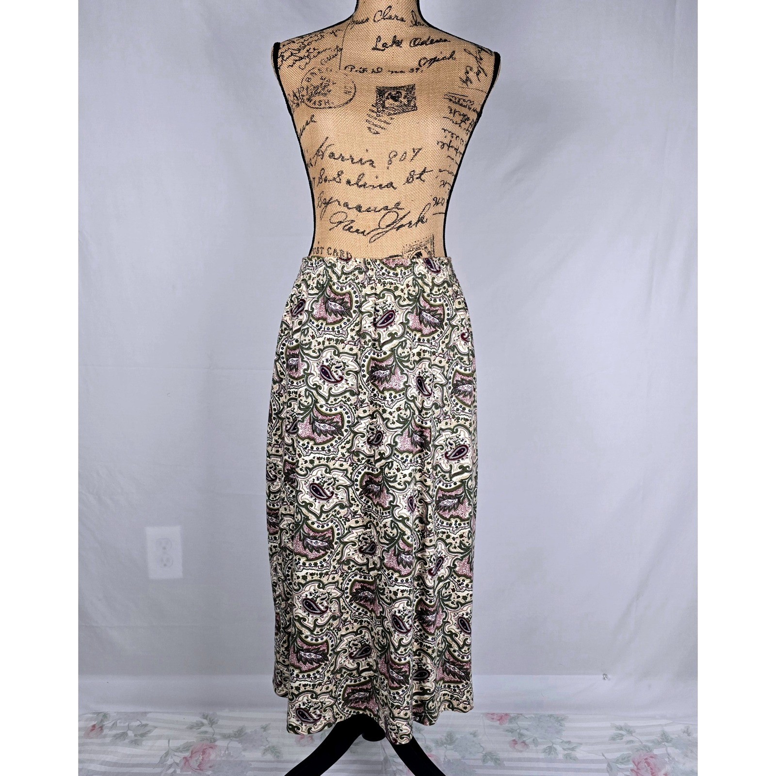 Vintage Van Heusen for Her Paisley Maxi Skirt Cotton Elastic Waist Green Large