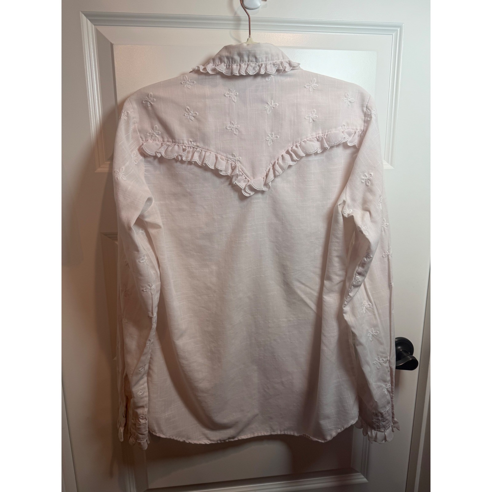 Rockmount Ranch Wear Vintage Pink Butterfly Embroidered Ruffle Western Shirt L