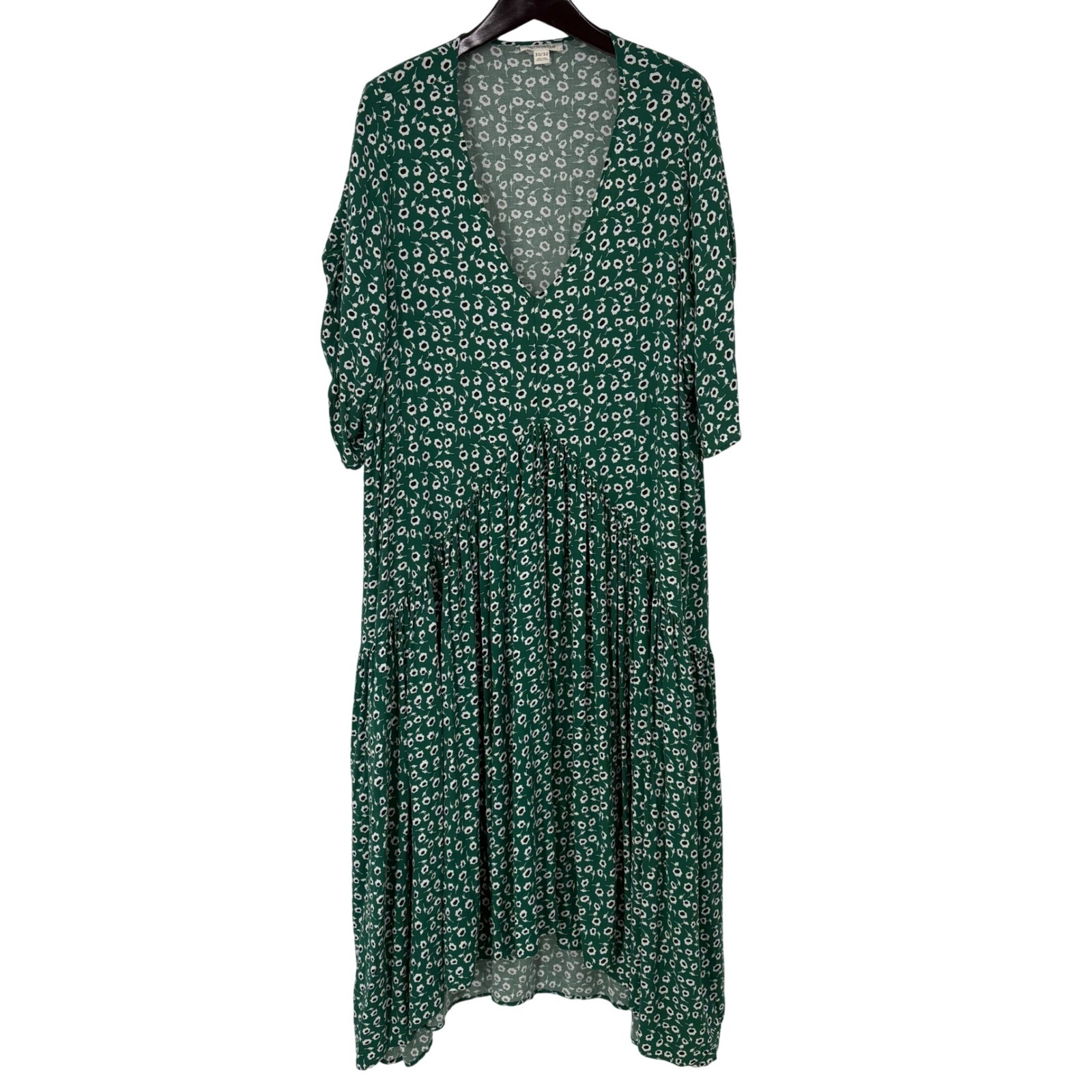 Loralette Green Floral Daisy Tiered Midi Dress Plus Size 30/32 V-Neck Boho Tie