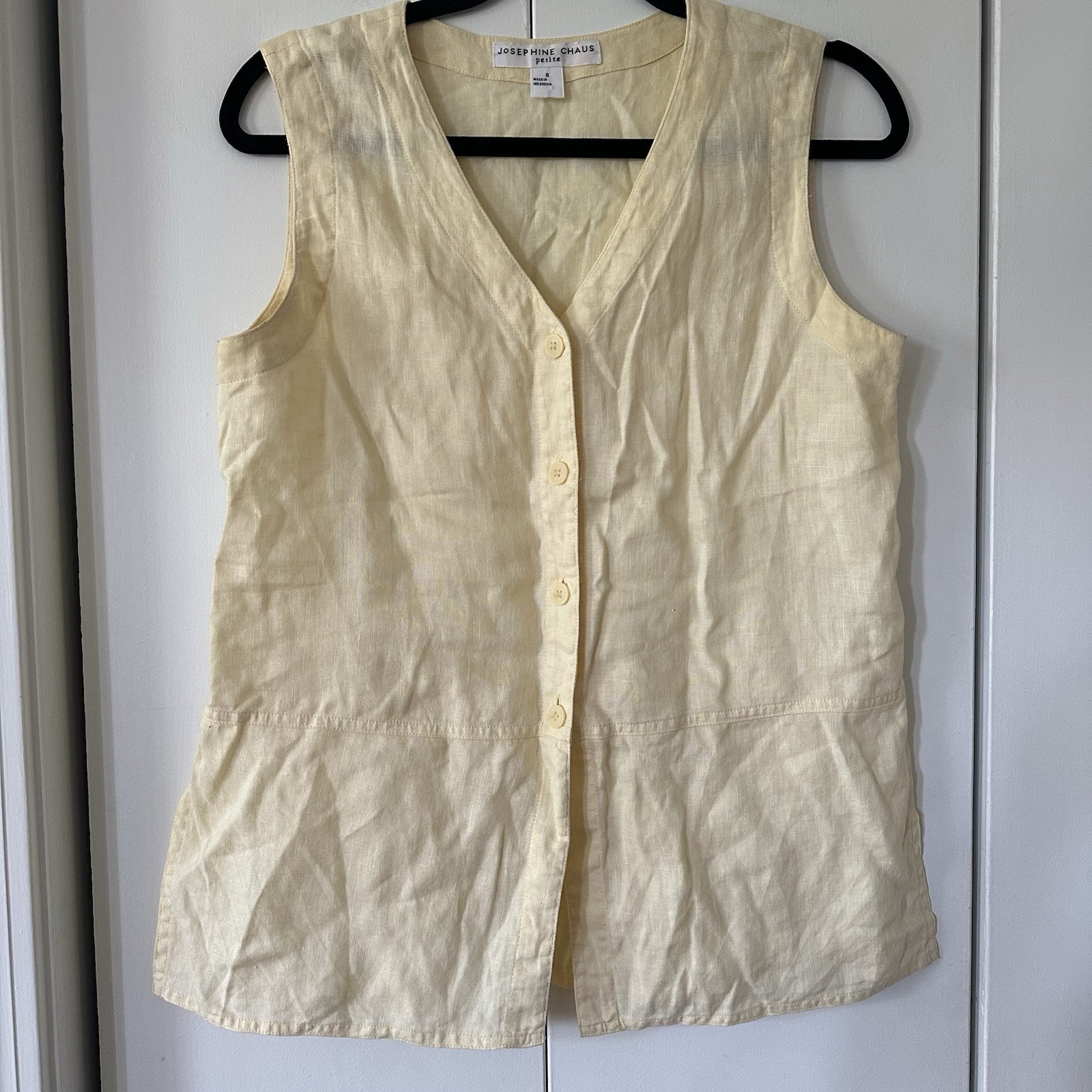 Vintage 80s/90s 100% Linen Butter Yellow Button Tank Top Josephine Chaus S