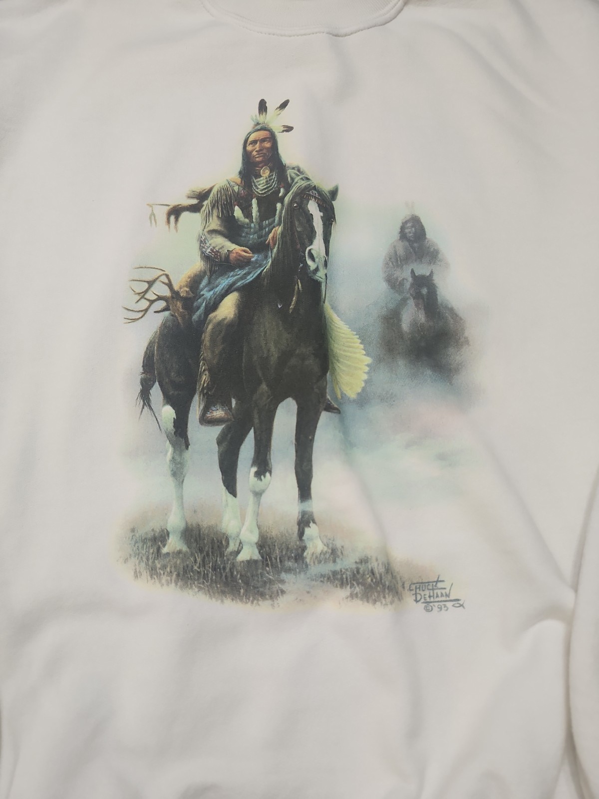 Vintage Chuck Dehaan Sweatshirt Horse Native American White 1993 Medium Pullover