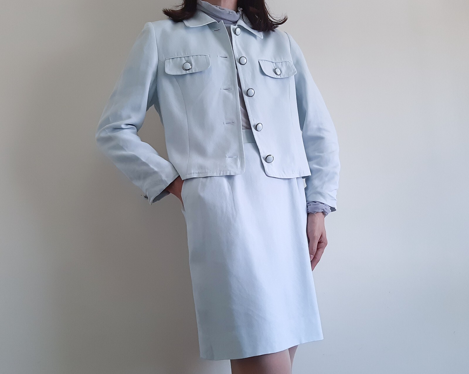 COURREGES 2 piece set Blue pastel jacket and skirt Womens Size S jacket skirt