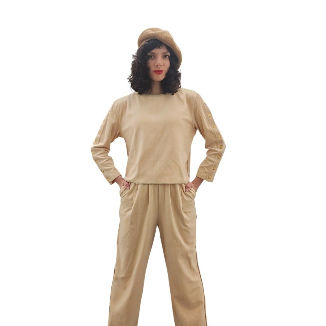 Vintage 1990s Sonia Rykiel Velour Track Suit Beige w/Gold Buttons