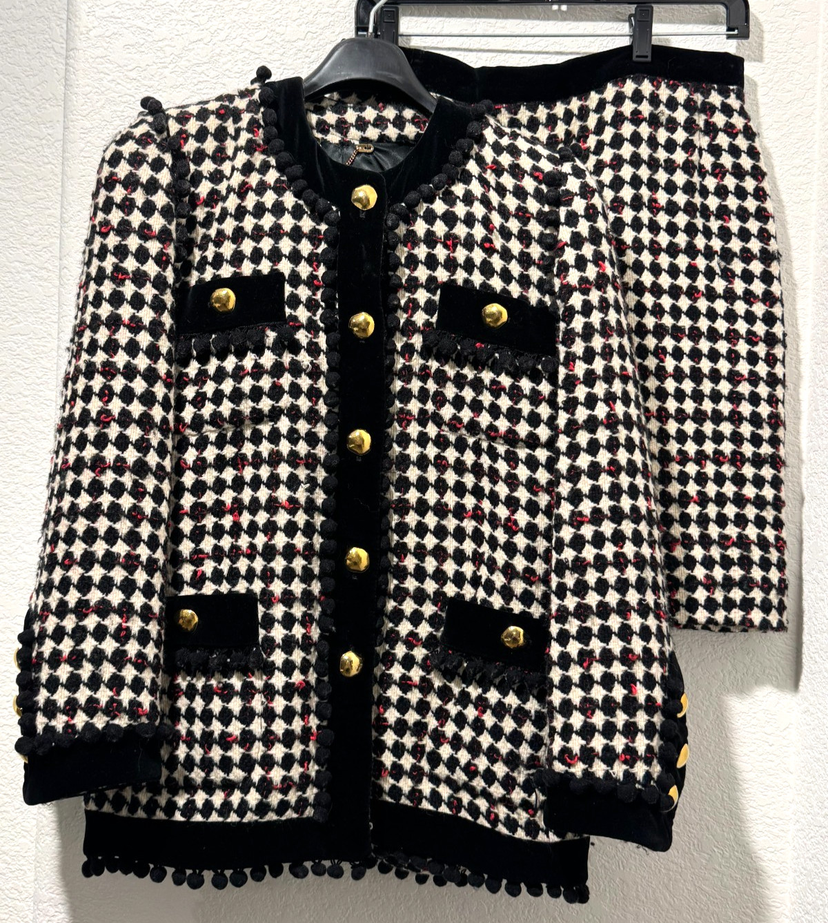 Vtg Escada Wool Black White Houndstooth Blazer Skirt Set Pompoms Sz 34 Velvet S
