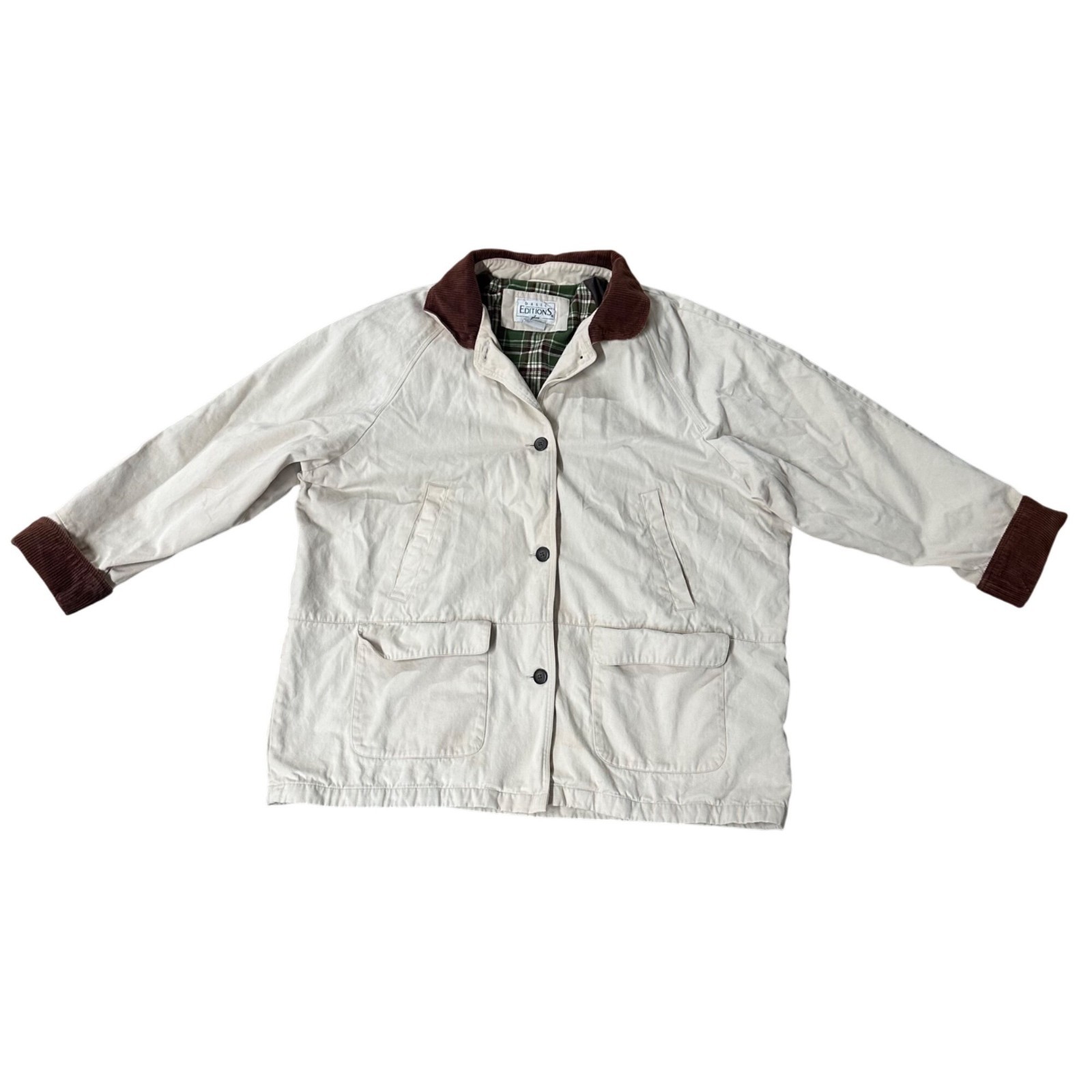 Vintage Chore Jacket Coat Basic Editions Plus 1X Beige Plaid Lining Corduroy 90s