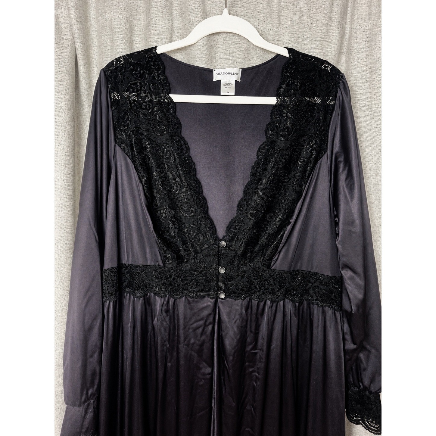Vintage Shadowline 1X Black Lace Peignoir Duster Robe Maxi Romantic Boudoir