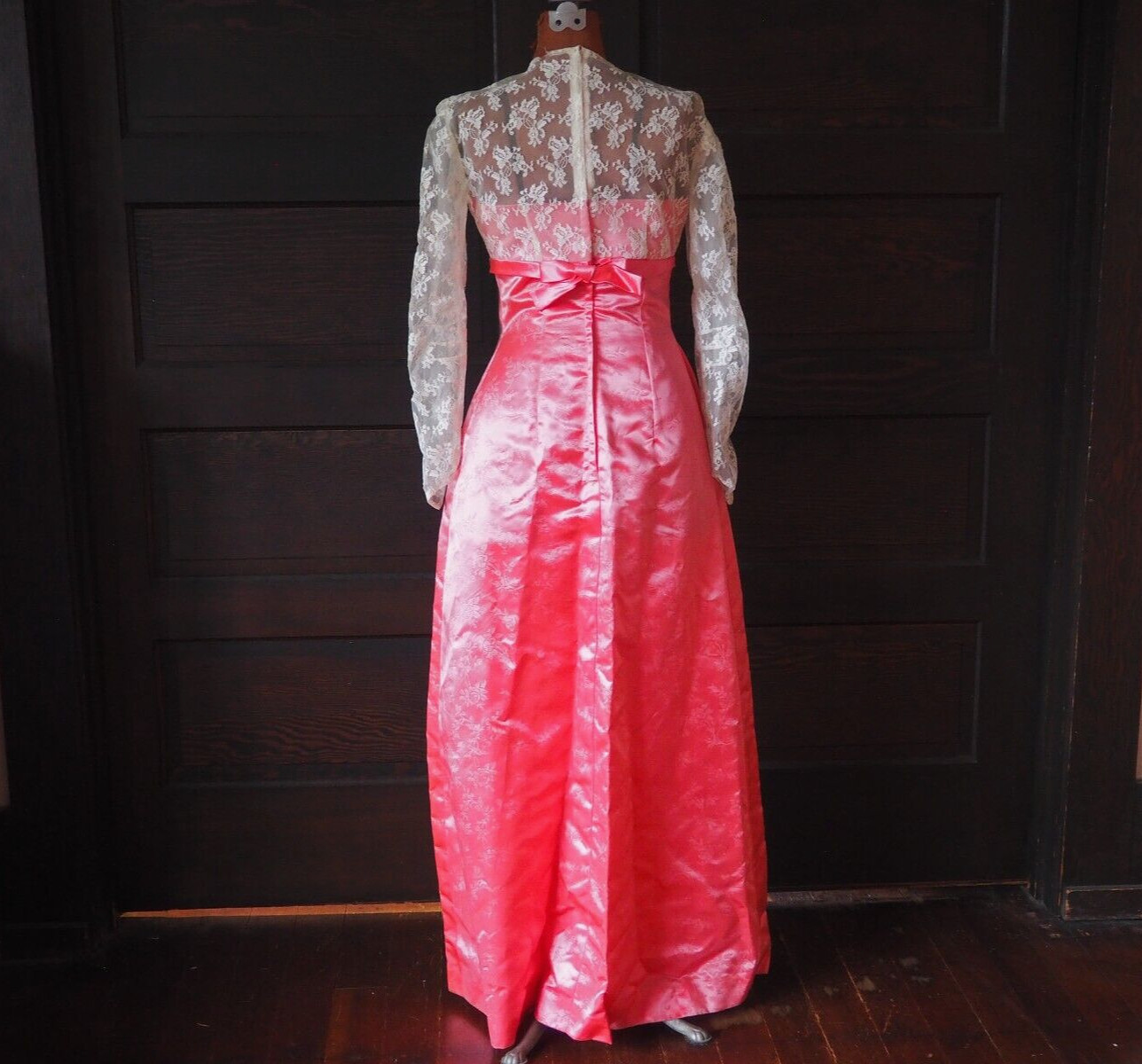 VTG Pink Brocade Floral Satin Lace Bow Cocktail Evening Gown Dress Sz 3