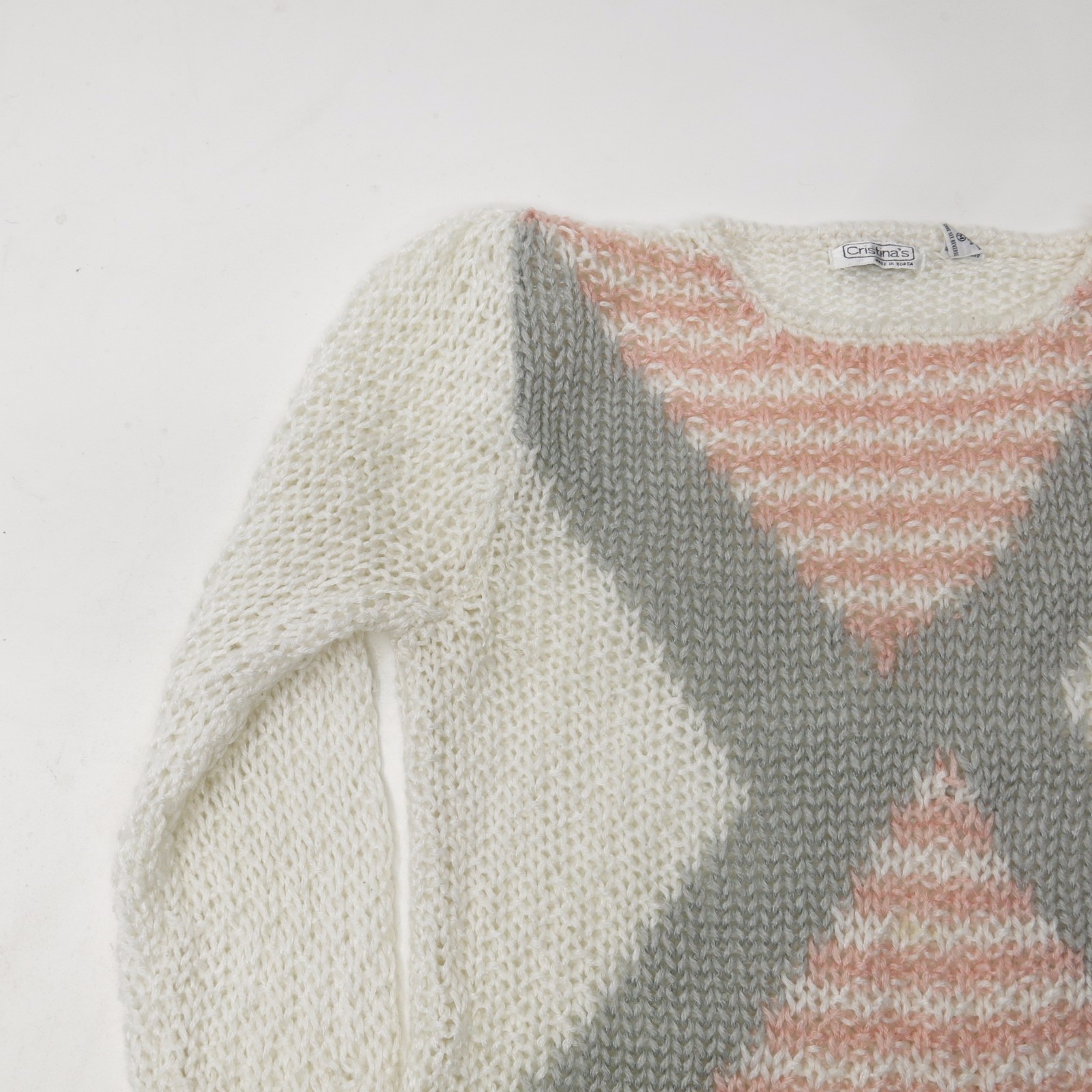 Vtg 80’s Loose Knit Women’s Feminine Pullover Sweater Pink Gray White SZ M