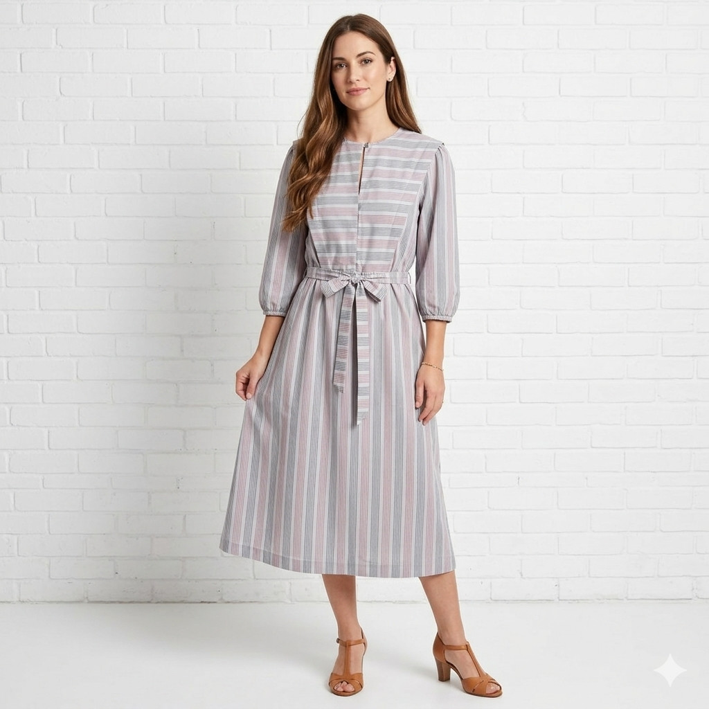 Vintage 60s Shirtwaist Dress Womens 13/14 Striped Belted Long Sleeve Western