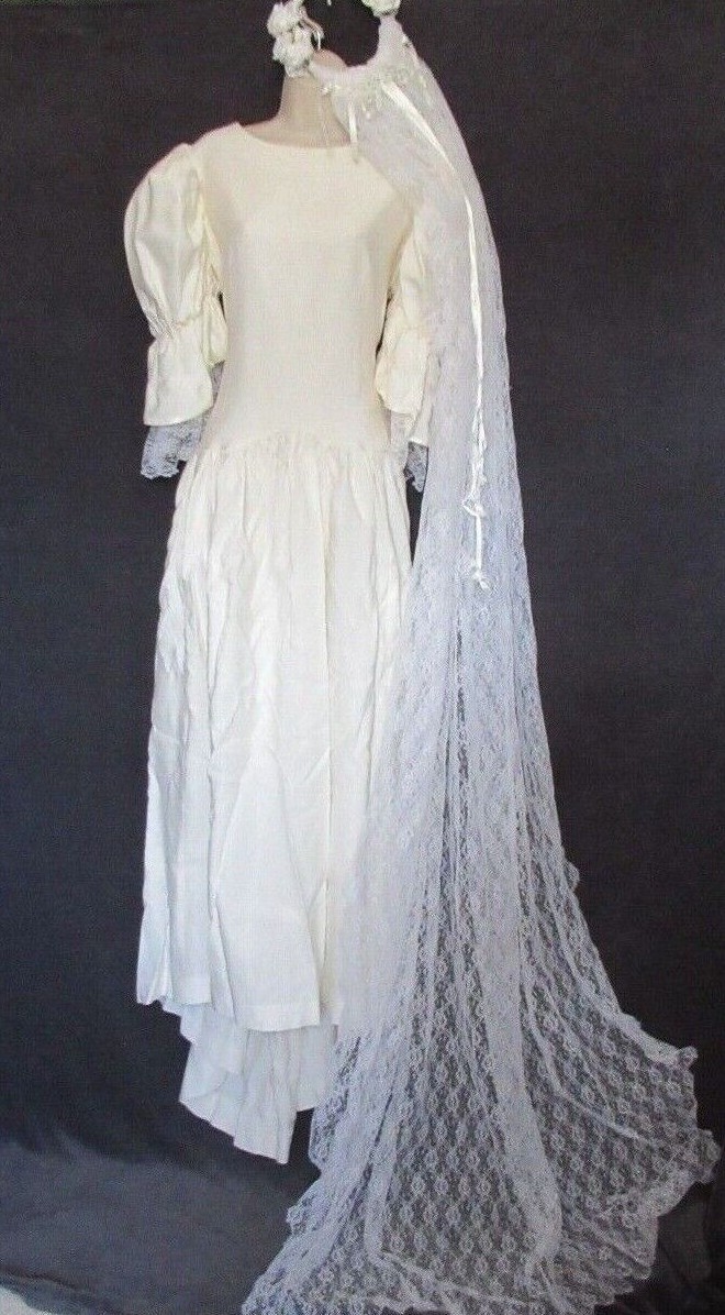Vintage Ivory Stripe Lace Peasant Princess Bride Victorian Puff Sleeve Dress XL
