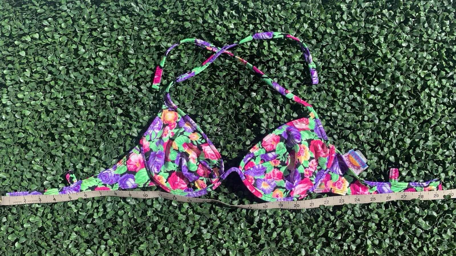 Vintage 80s SUNSETS colorful floral shelf-wire bikini top swim beach tropical