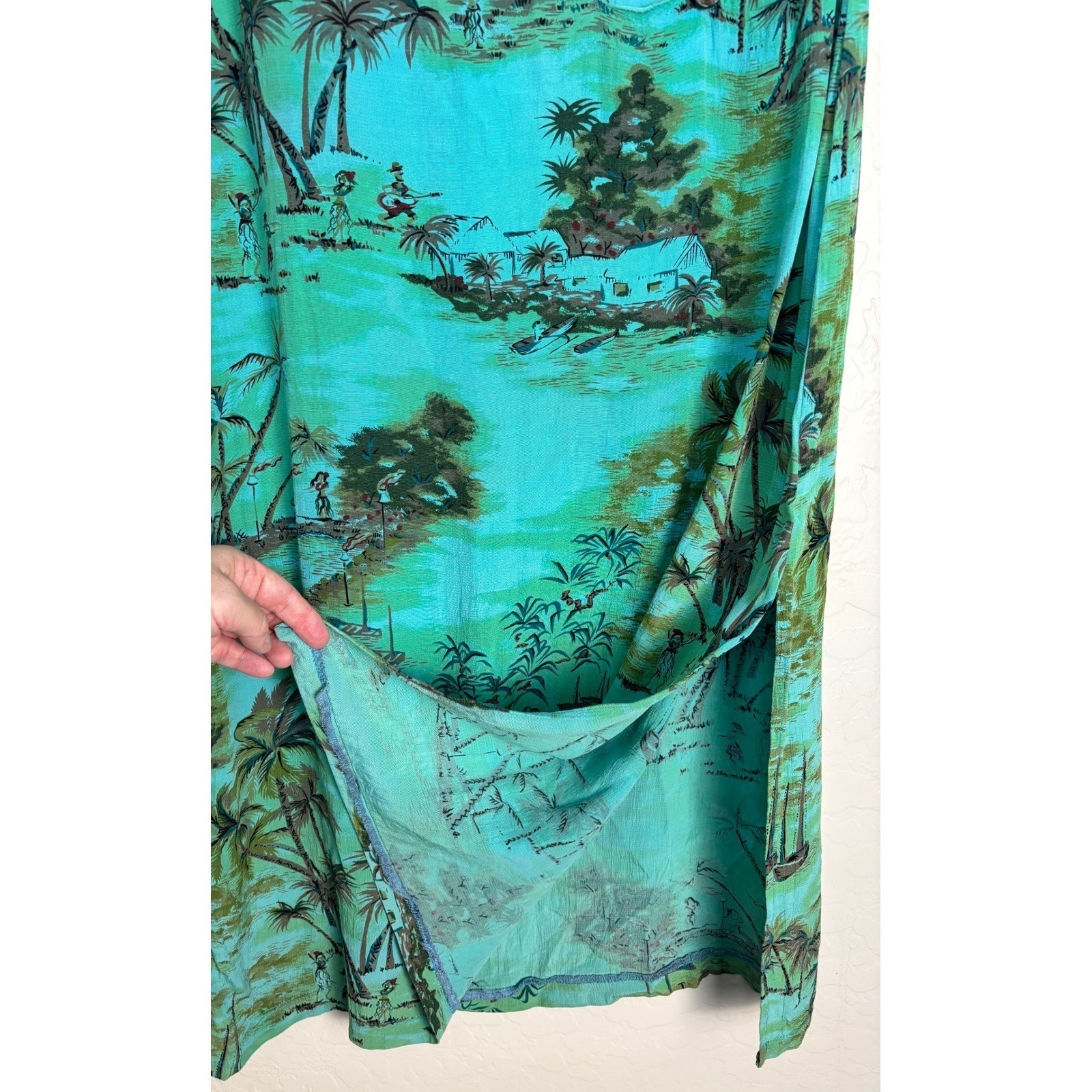 Vintage Weekend Traffic Teal Tropical Island Print Rayon Maxi Dress Sz S 2159
