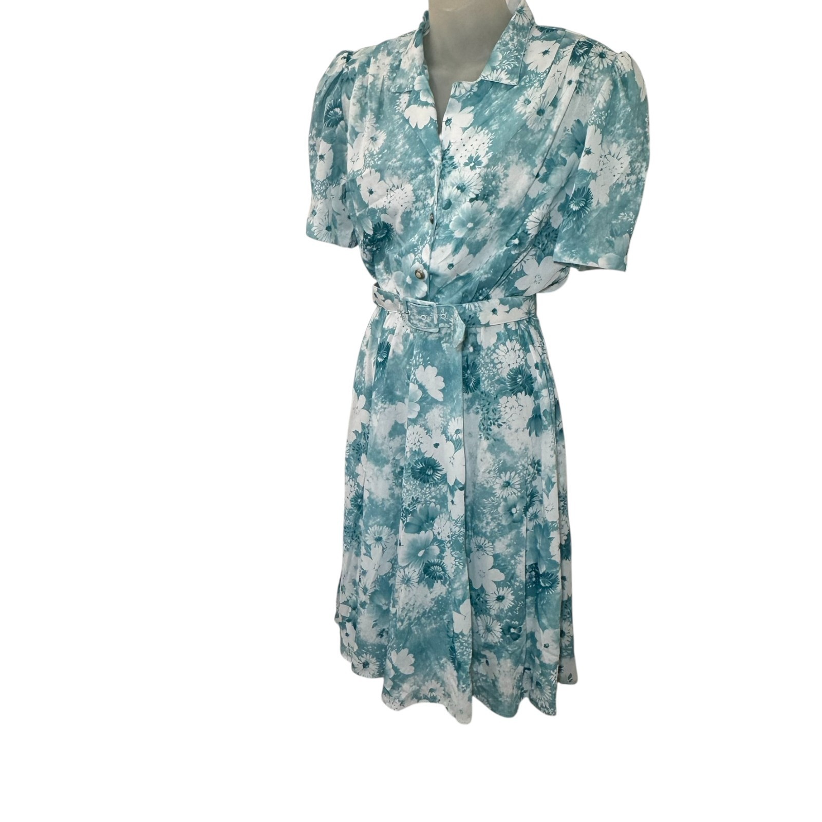 New VTG California Looks Dress Woman SZ 8 Petite Aqua Floral Belted CottageCore