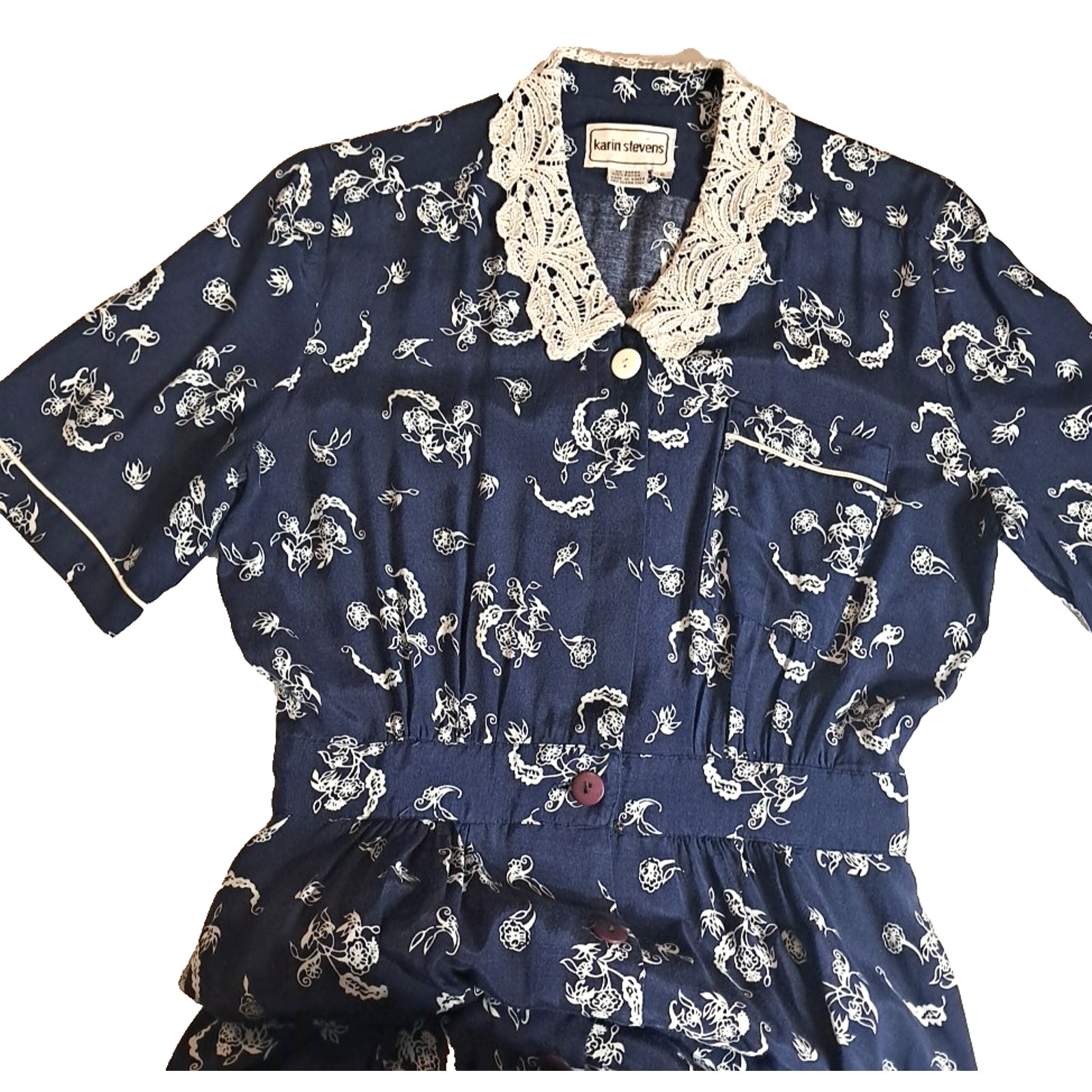 90’s Karen Stevens Floral Lace Collar Pencil Midi Dress Size 6 Blue Cottagecore
