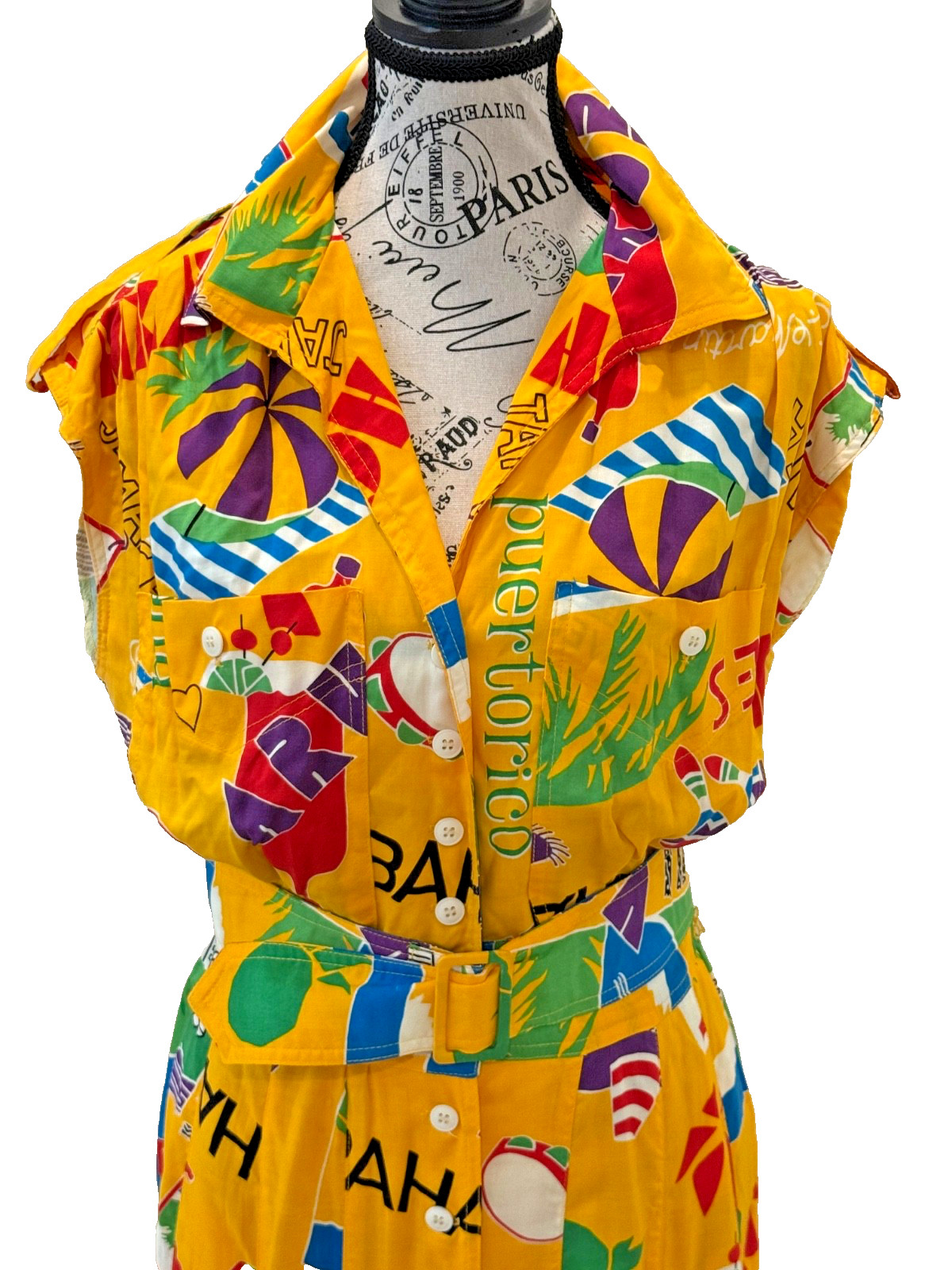 Vintage 1980s Karen Alexander Caribbean Print Belted Midi Dress Tropical Size 10