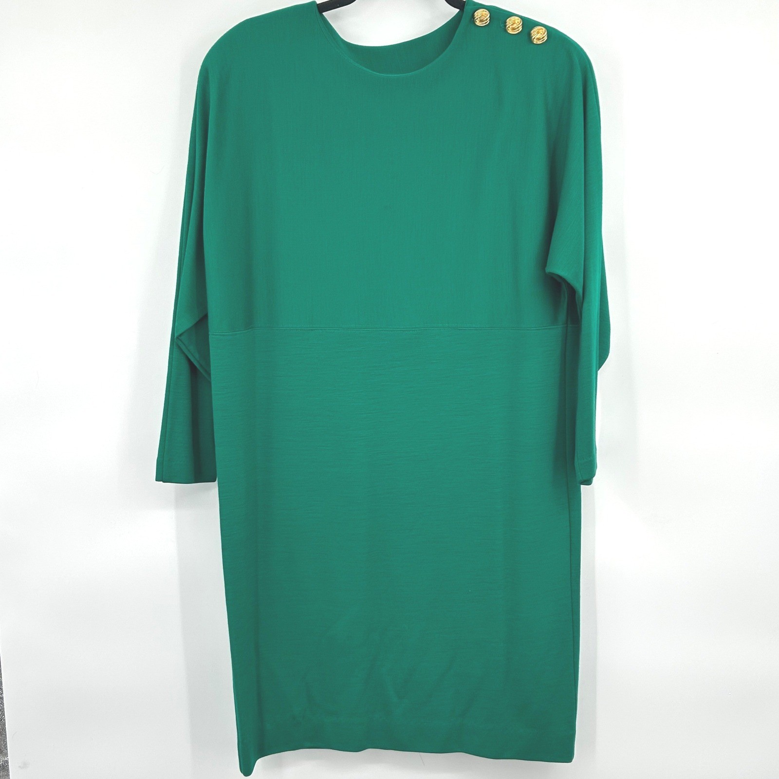 Womens Vintage 80s Wool Shift Dress S Green Gold Button Minimalist Collectibles