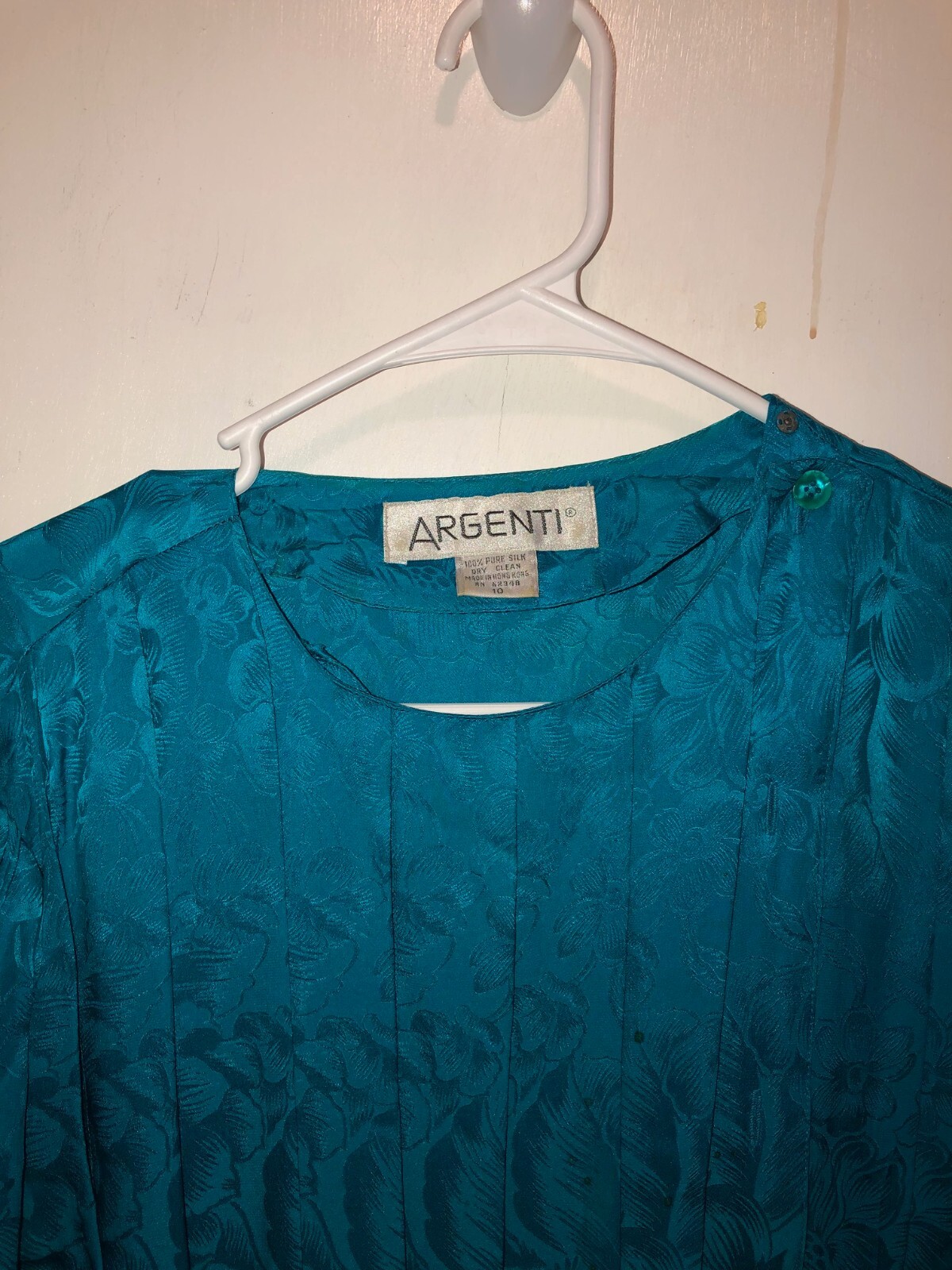 Vintage Argenti SZ 10 Pure Silk Dress Long Sleeve Pleated Teal 80s 90s Hong Kong