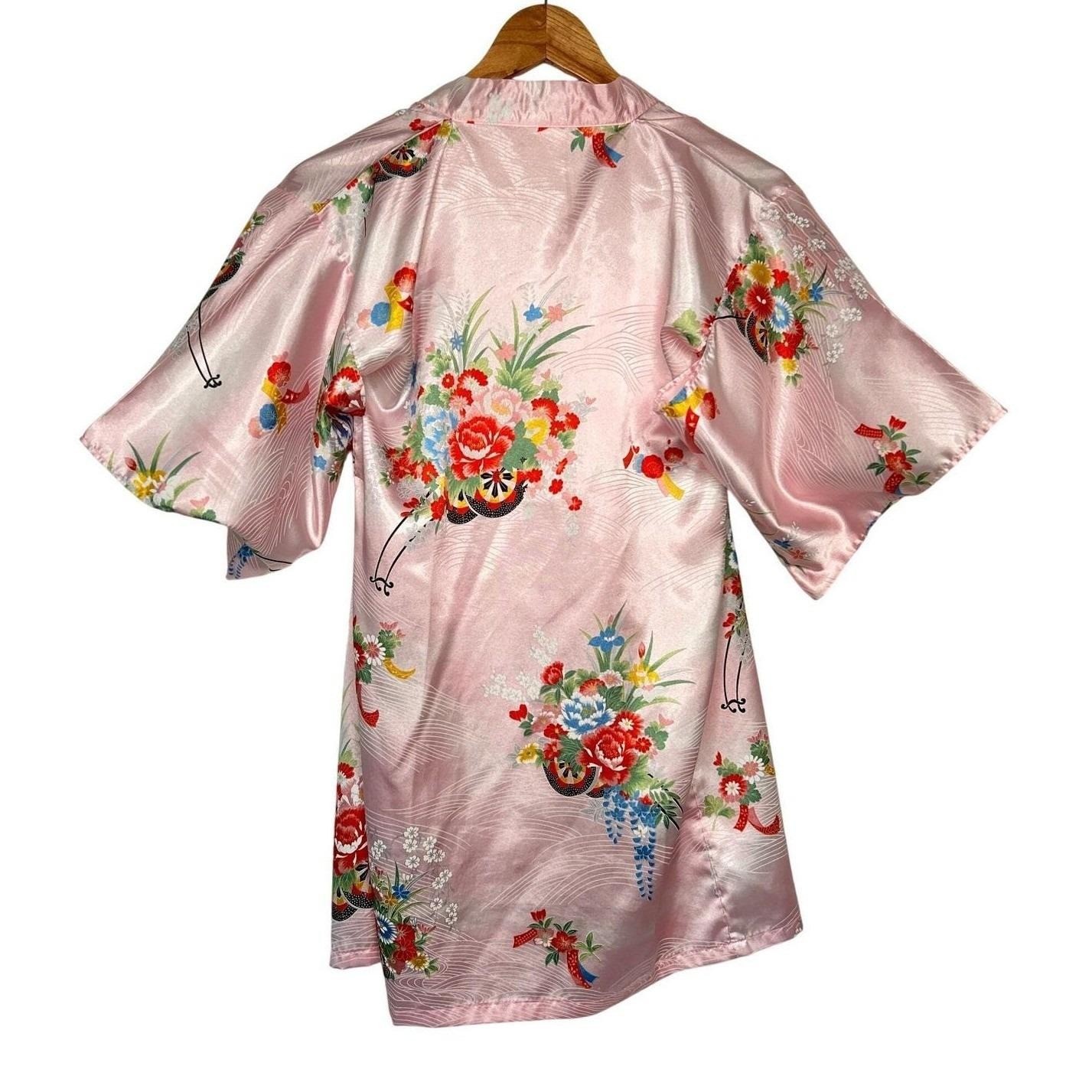 Vintage Pink Satin Floral Kimono Robe Made in Japan Coquette Romantic Fairy XS/S