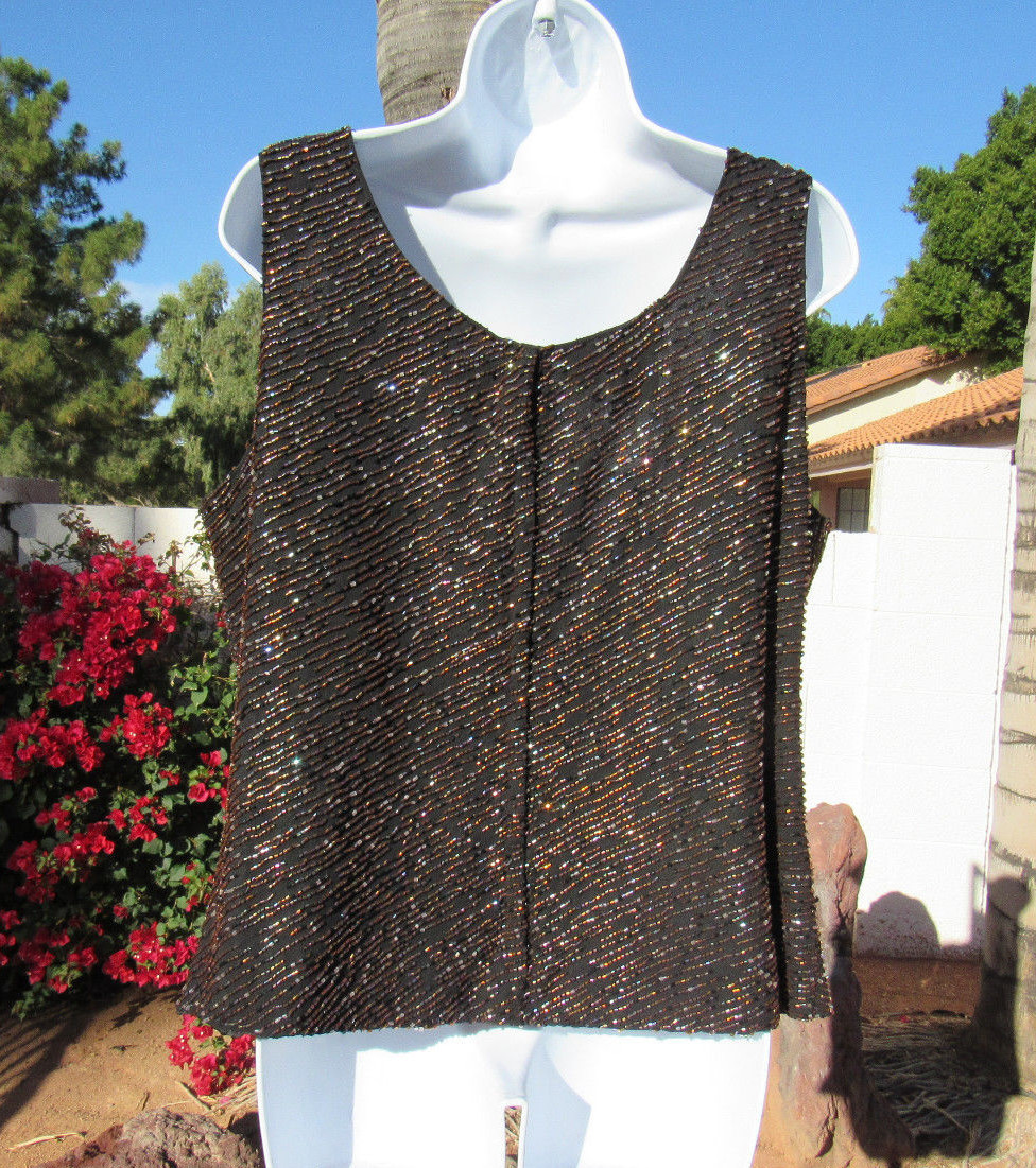VTG 1980s 90s JKARA BEADED SLEEVELESS TOP SIZE 12 BLACK FULLY LINED MADE INDIA