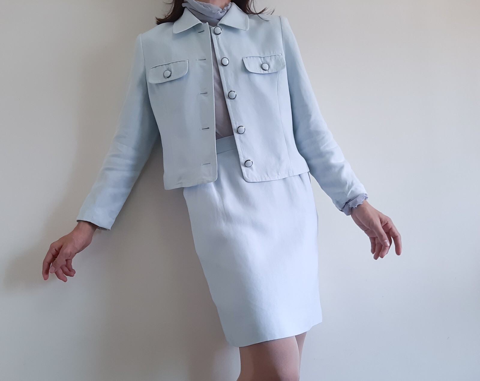 COURREGES 2 piece set Blue pastel jacket and skirt Womens Size S jacket skirt