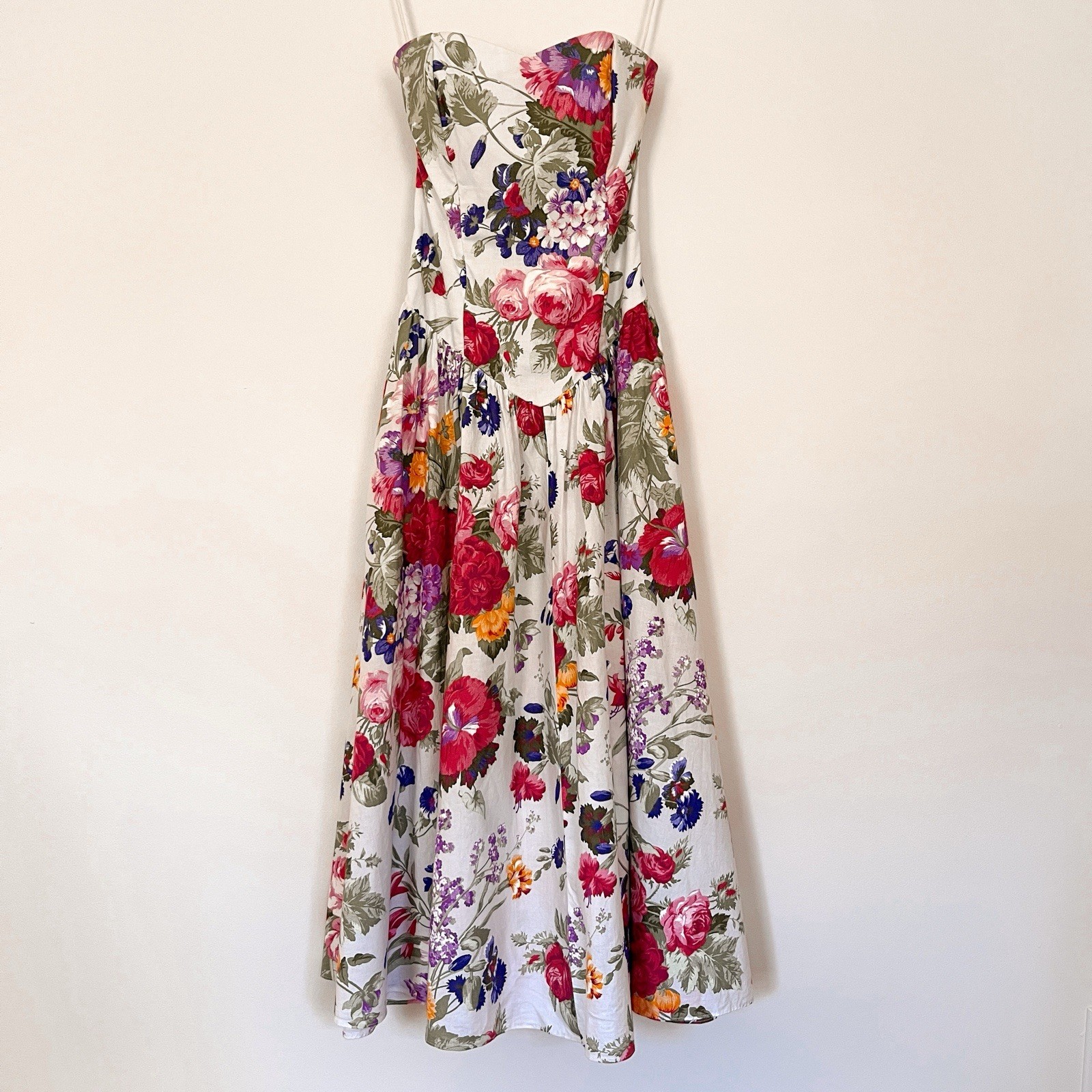 Vintage 80s Strapless Basque Waist Floral Midi Dress with Pink & Purple Blooms