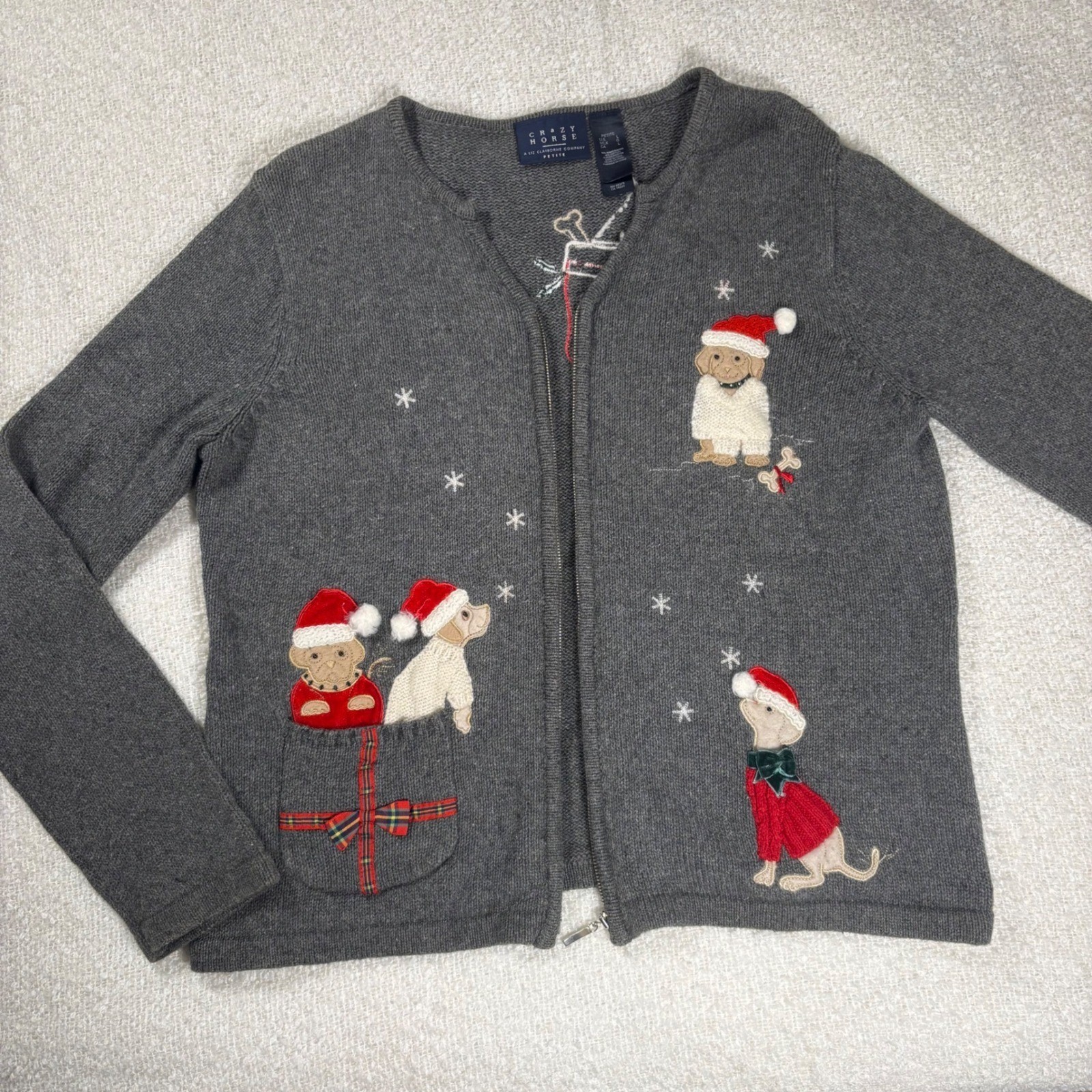 vintage 90s crazy horse liz clairborne ramie knit gray christmas puppy cardigan