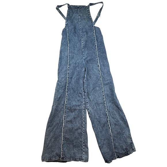 Acid Wash Blue Denim Wide Leg Overalls Exposed Seam Jumpsuit M 90 style retro