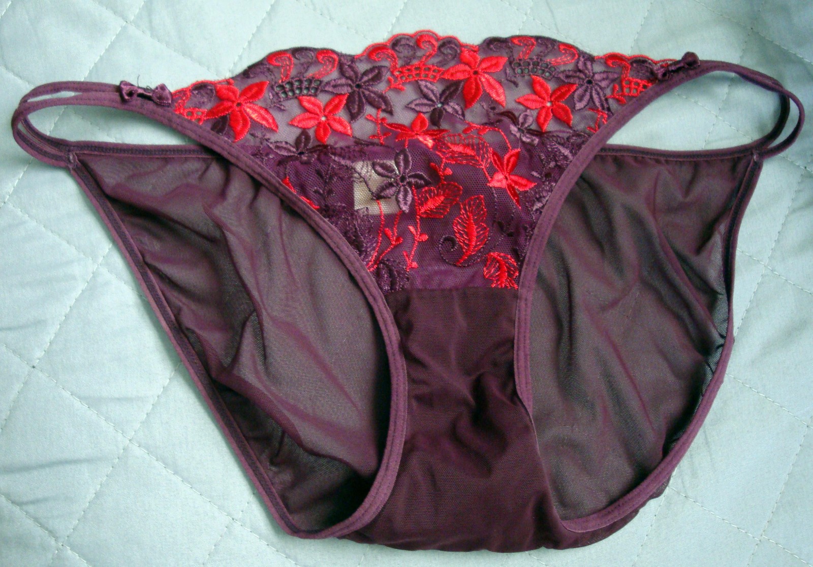 Vintage 7 L Purple Mesh Double String Bikini Panty w/ Floral Lace & Bows