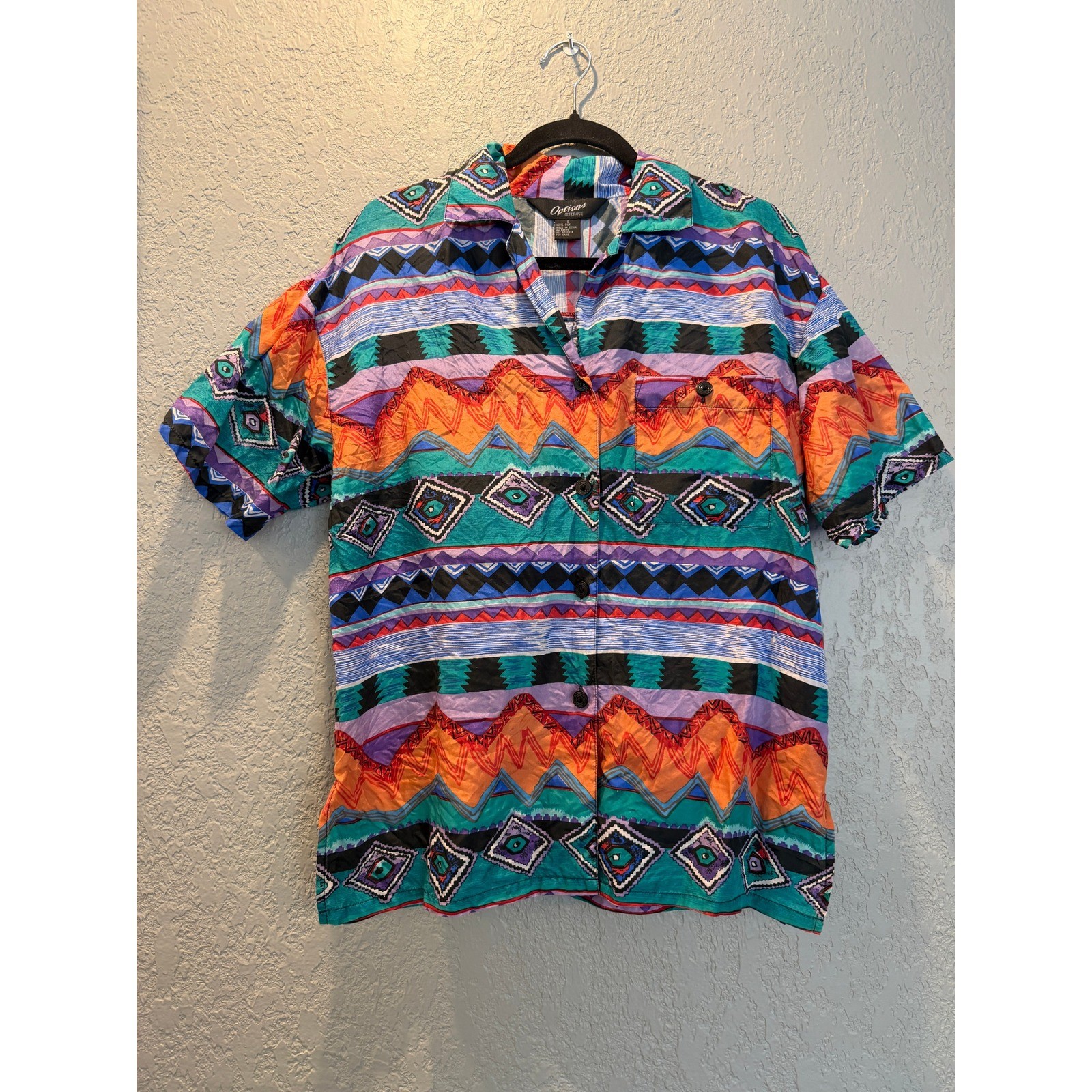 Options Melrose Vintage 100% Silk Geometric Tribal Print Short Sleeve Shirt S
