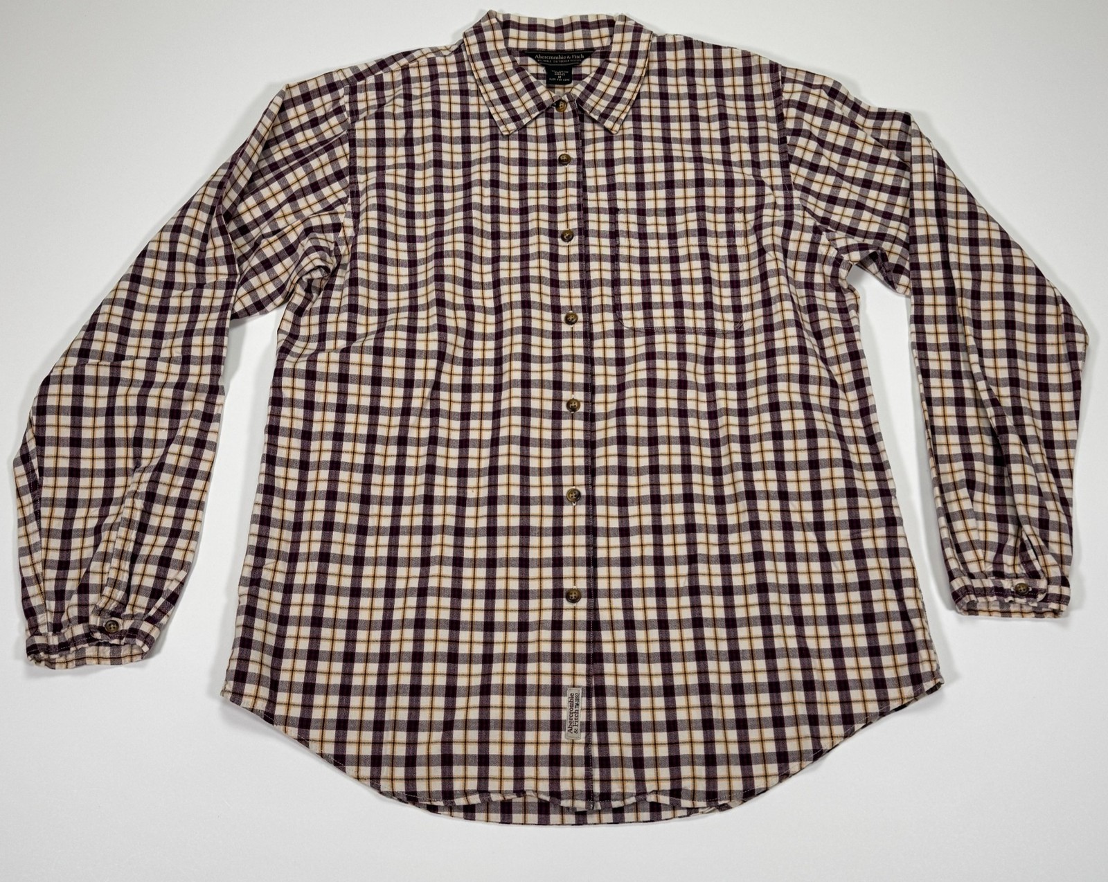 Vintage Abercrombie & Fitch Womens M Maroon Yellow Cream Plaid Flannel Shirt
