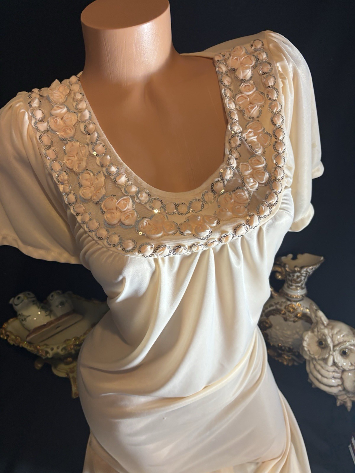 Vtg Satin Soft CreamSickle Shiny Silver Sequins Gown Sheer Long Dress Nightgown