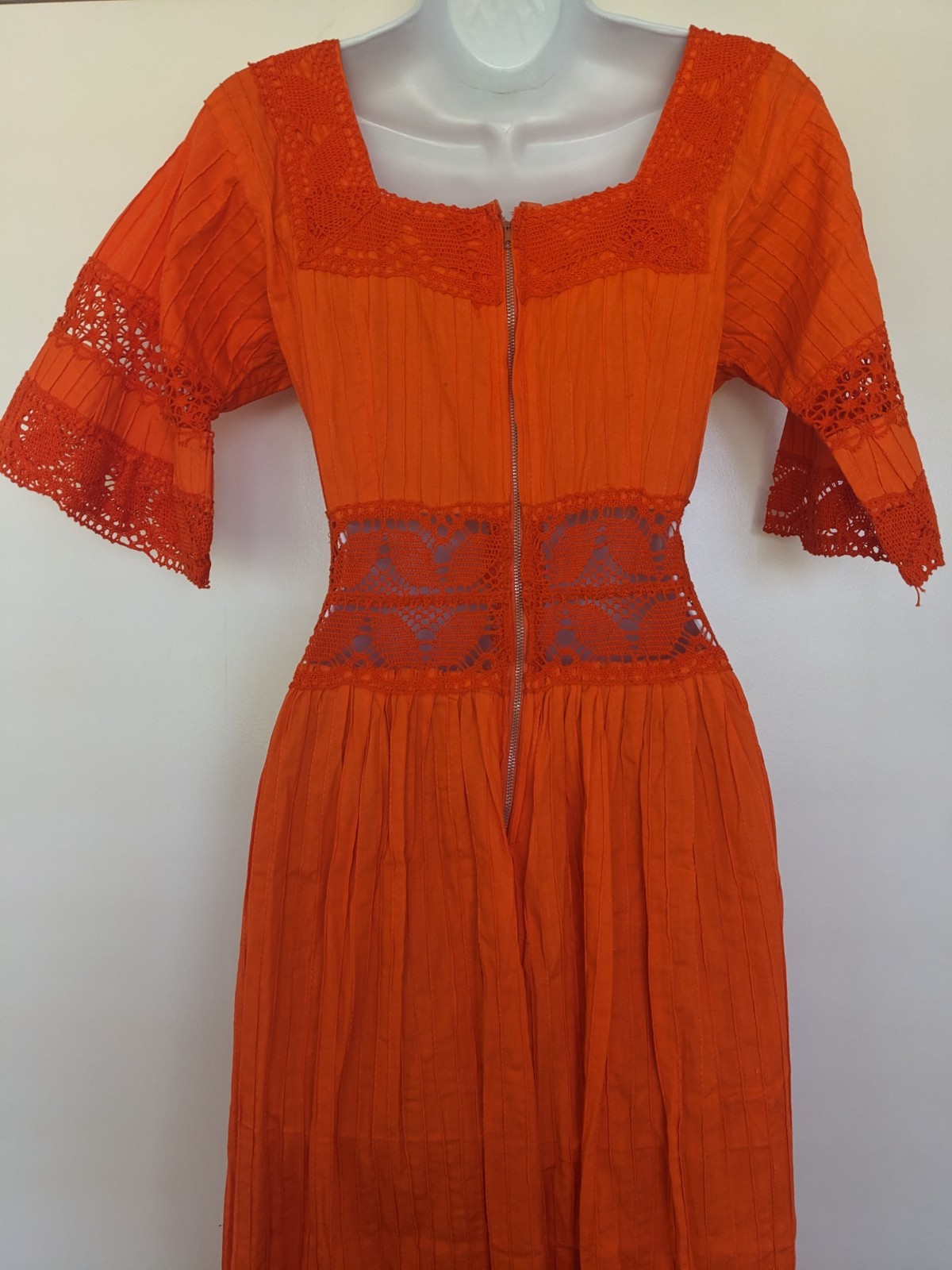 Vintage Orange Cotton Pintuck Crochet Lace Mexican Boho Peasant Dress Maxi 70s