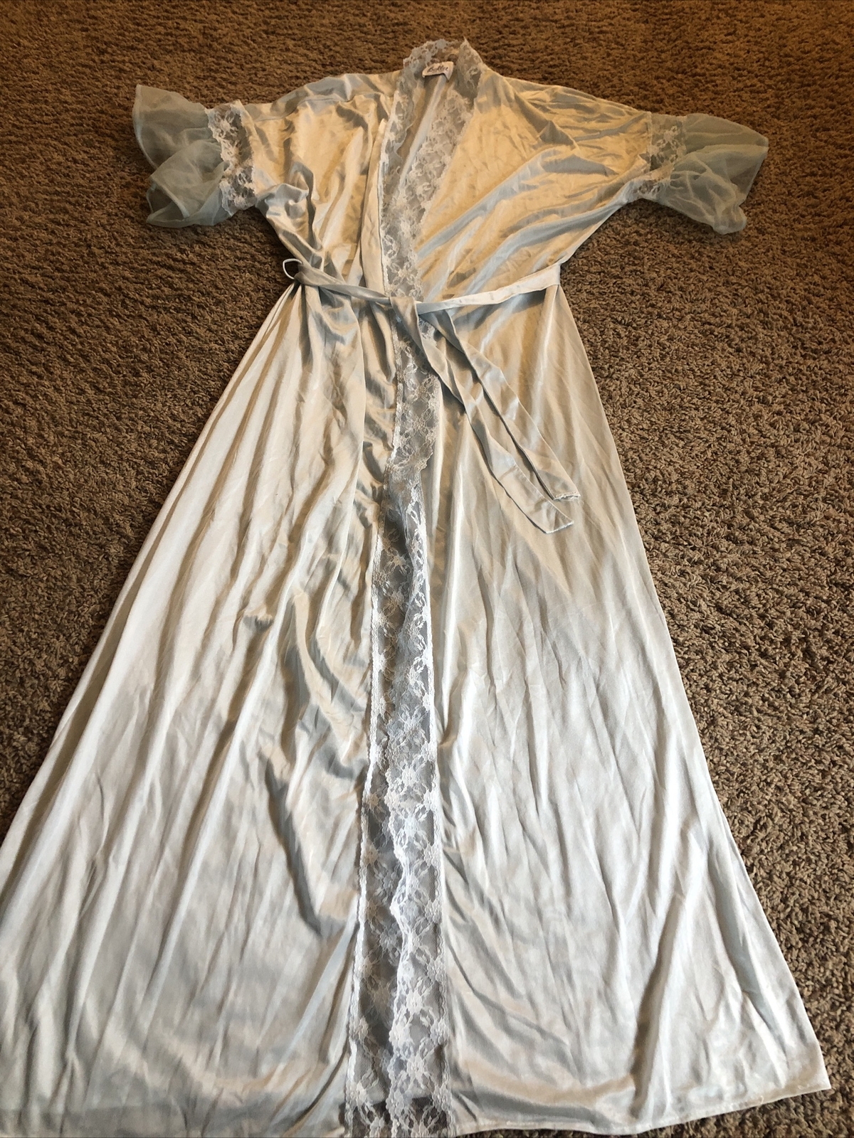 Ballet New York Vintage Sheer Robe Sea Foam Green w/Lace Medium Nylon *wonky hem