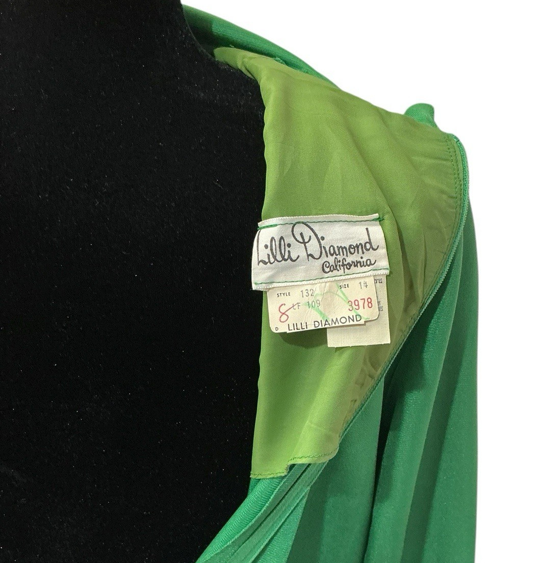 Vintage 1960s Lilli Diamond of California Emerald Green Draped Cowl Neck Dress