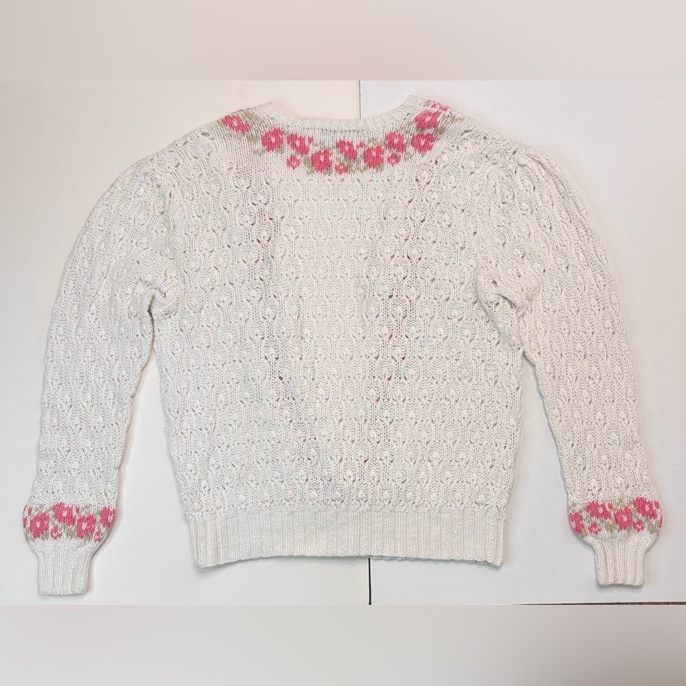Vintage Cottage-core 80’s White Pink Floral Hand Knit Granny Cardigan Sweater