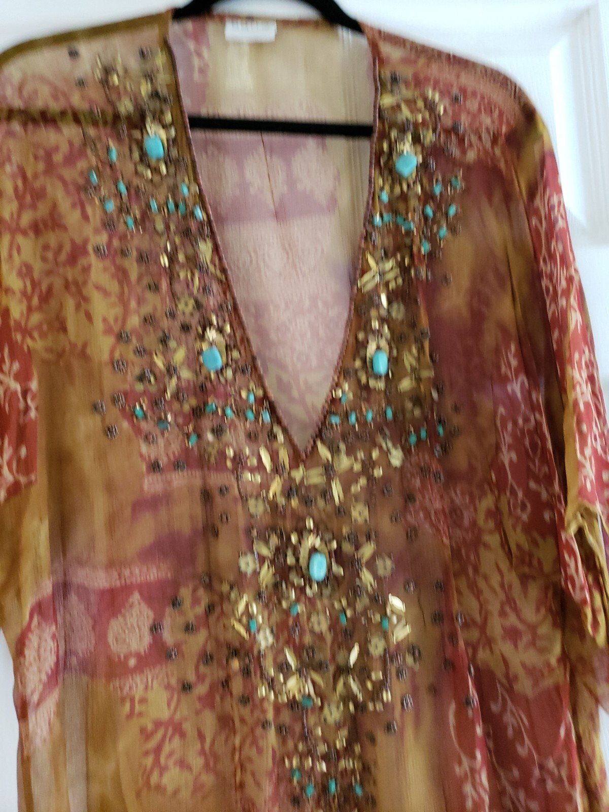 Vintage Turquoise Beaded Sheer Floral Long Blouse Boho Cover up wear over L