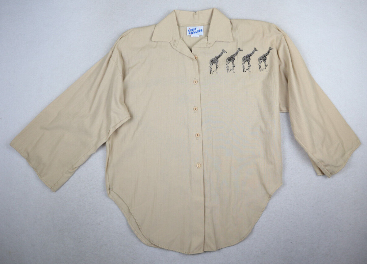 VINTAGE WOMEN’S BEIGE GIRAFFE PRINT 3/4 SLEEVE BUTTON-UP TOP – CINDY COLLINS – S