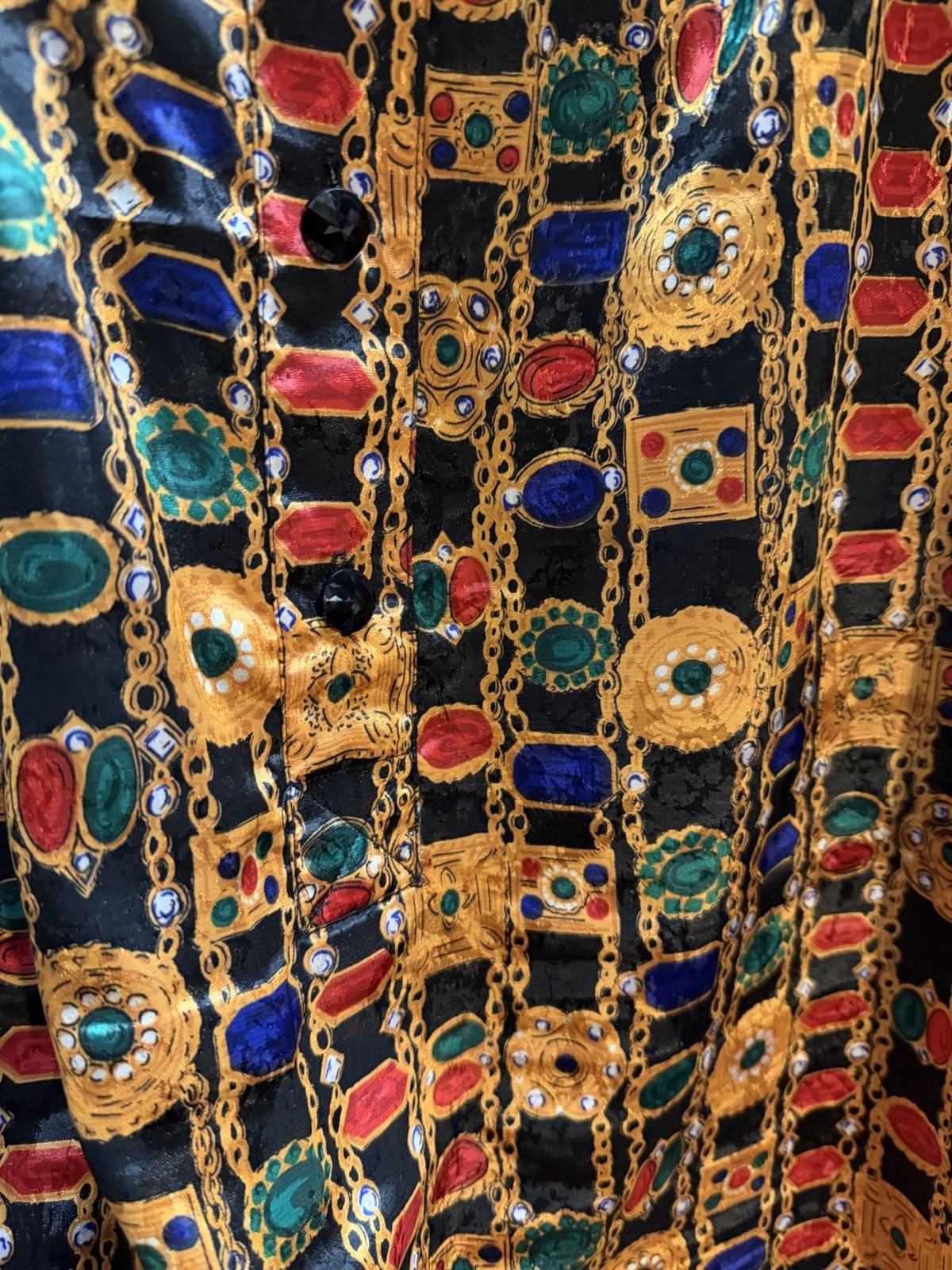 Vintage 80s Bold JEWEL PRINT Dress Brownstone Studio Size 16 Shoulder Pads