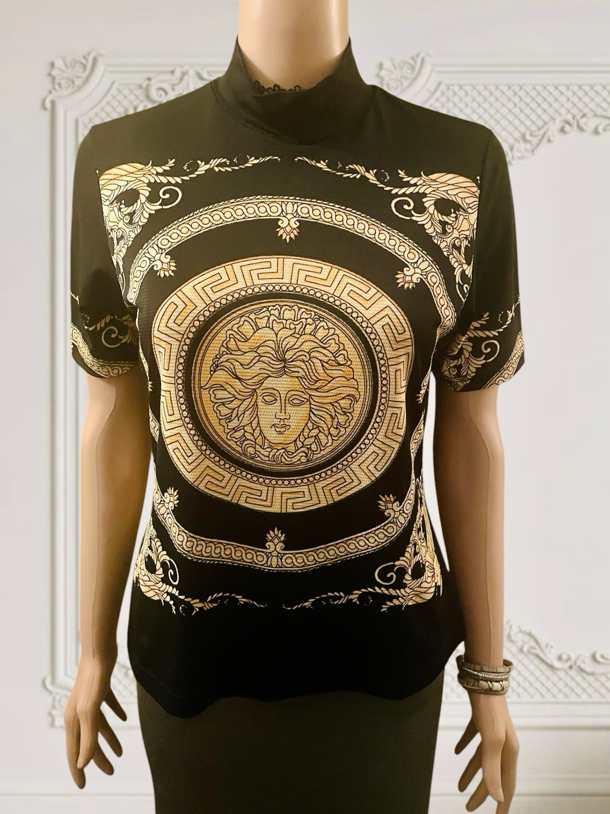 Vintage 90s Top Medusa Head Blouse Baroque Fitted T-Shirt Designer Black Gold M