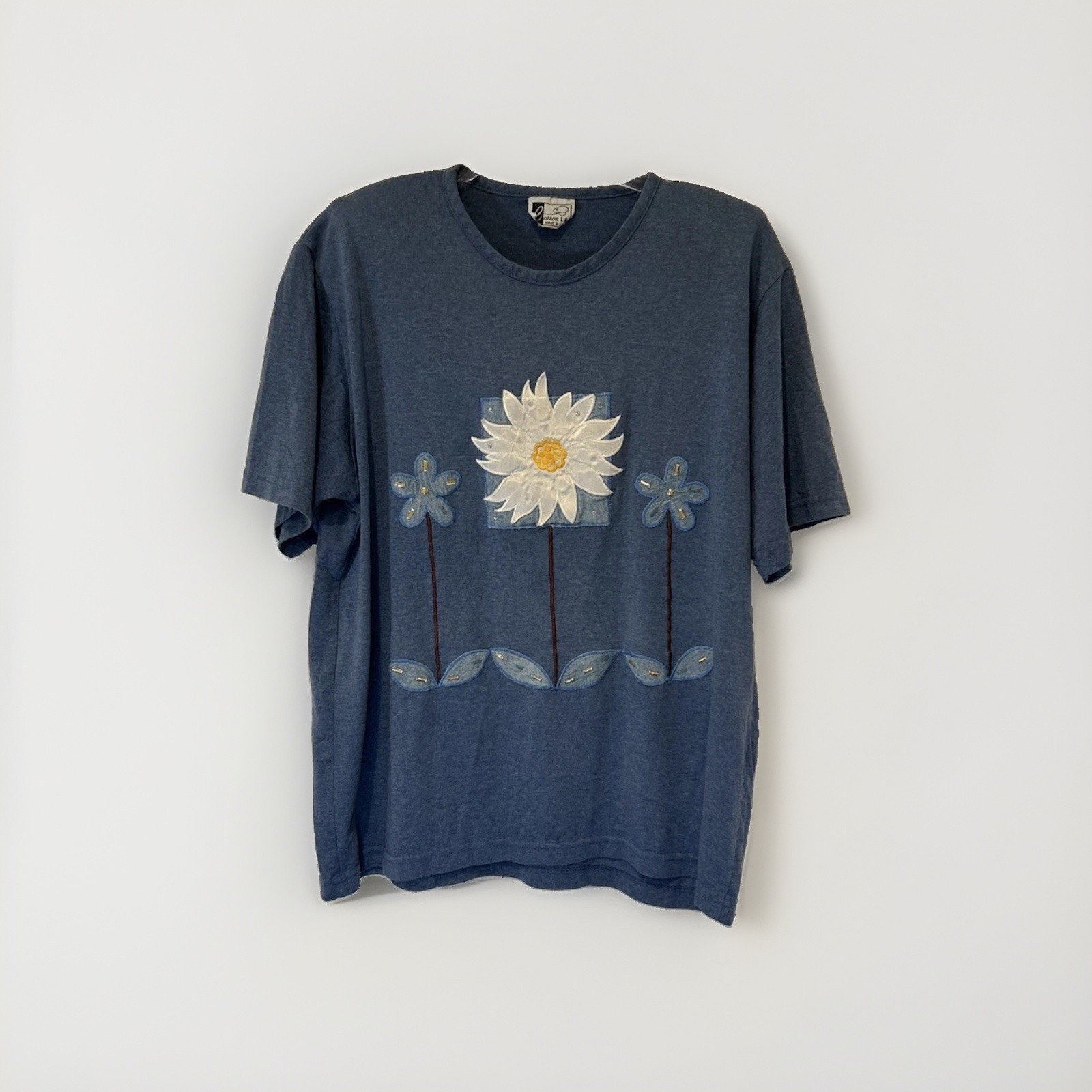 Cotton LA T-Shirt Women XL Blue Vtg 80s Daisy Flower Graphic Embroidered USA