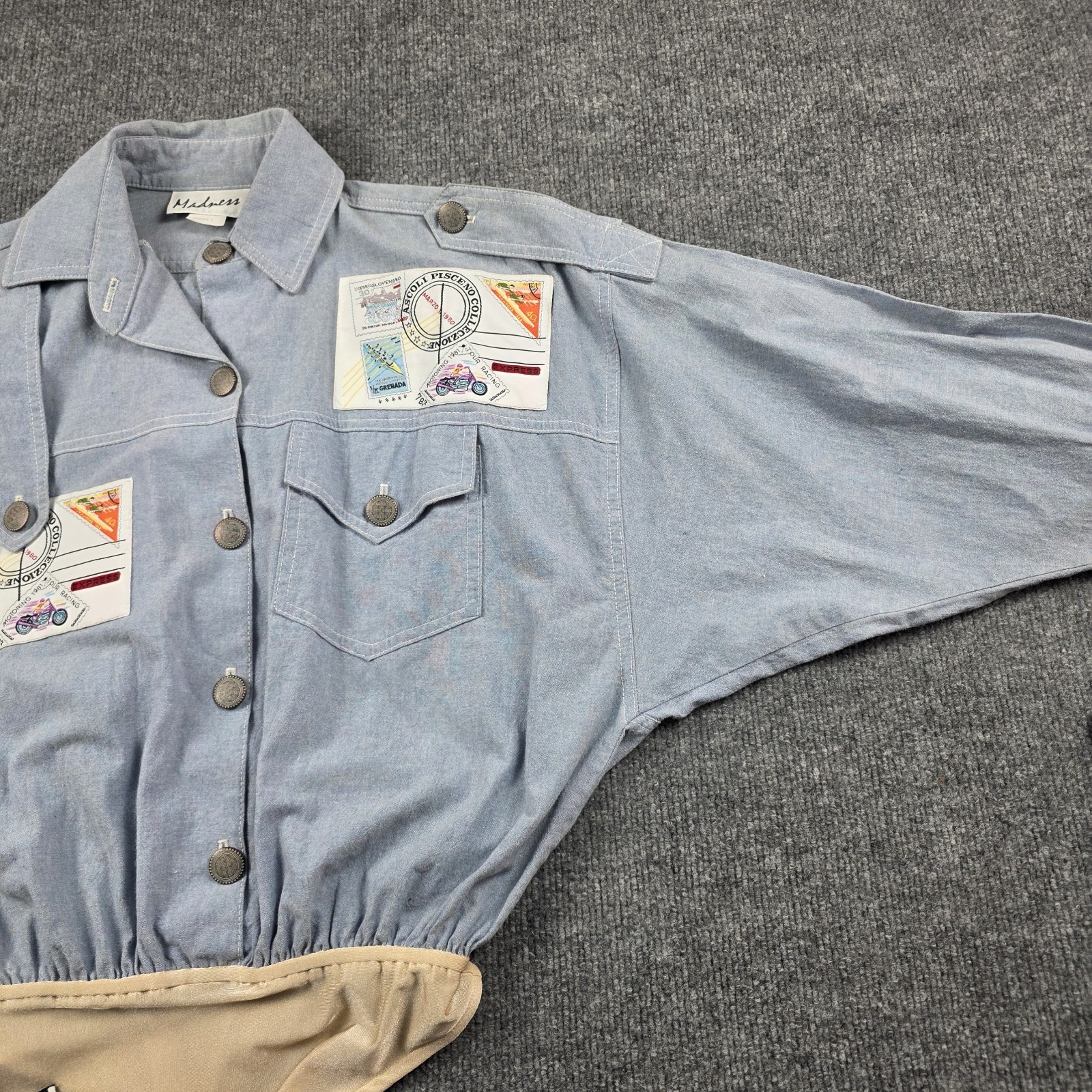 Madness Vintage USA Chambray Bodysuit Womens S Artsy Travel Americana Patches